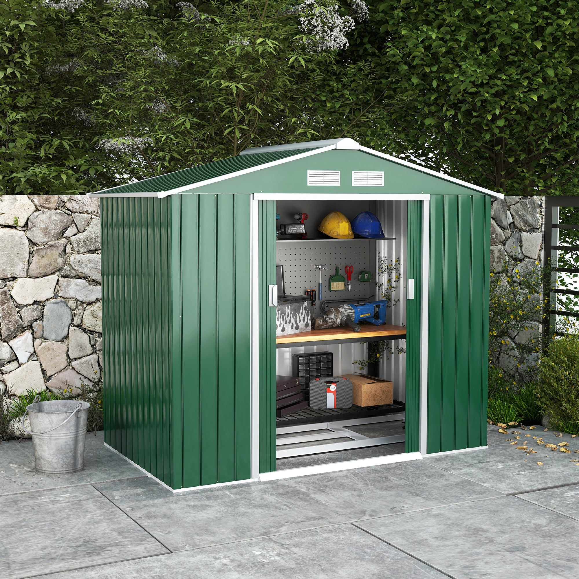 7 x 4ft Metal Garden Shed, Outdoor Storage Tool House with Ventilation Slots, Foundation Kit and Lockable Double Doors Outsunny
