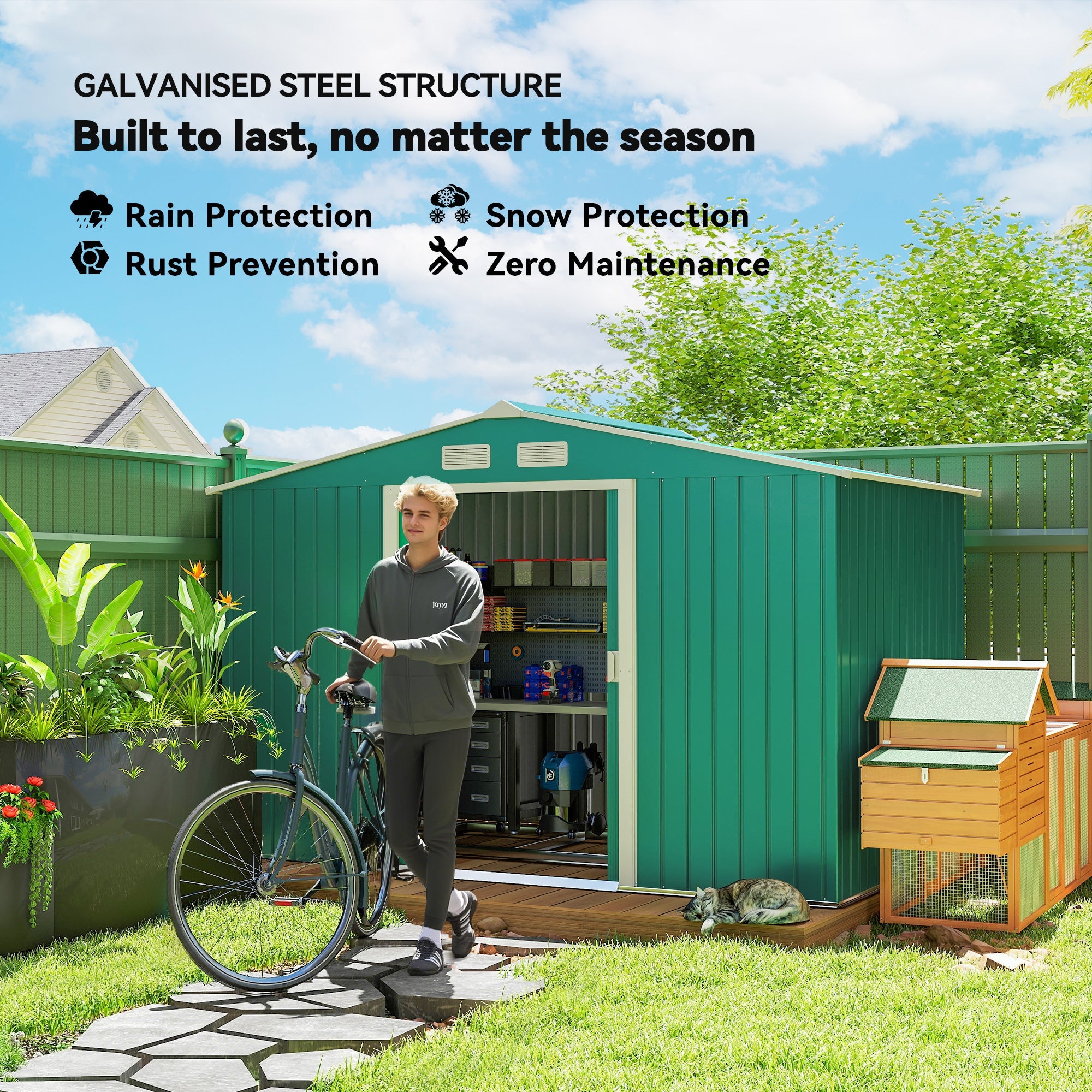 9 x 6ft Metal Garden Shed, Outdoor Storage Tool House with Ventilation Slots, Foundation Kit and Lockable Double Doors, Green Outsunny