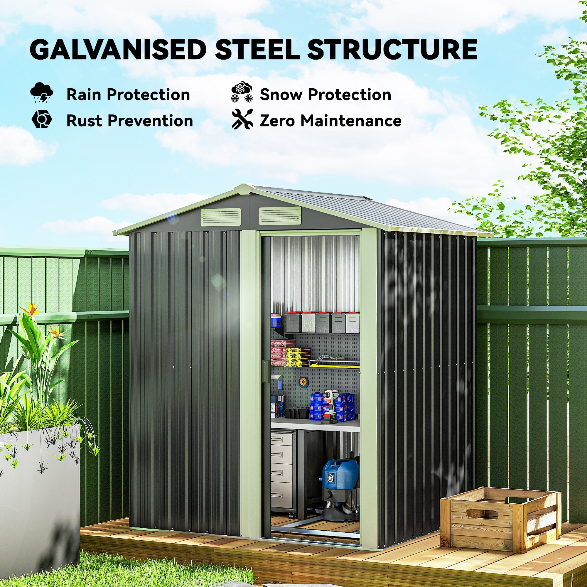 Garden Metal Tool Storage Shed with Sliding Door, Sloped Roof and Foundation Kit, 152 x 132 x 188cm Outsunny