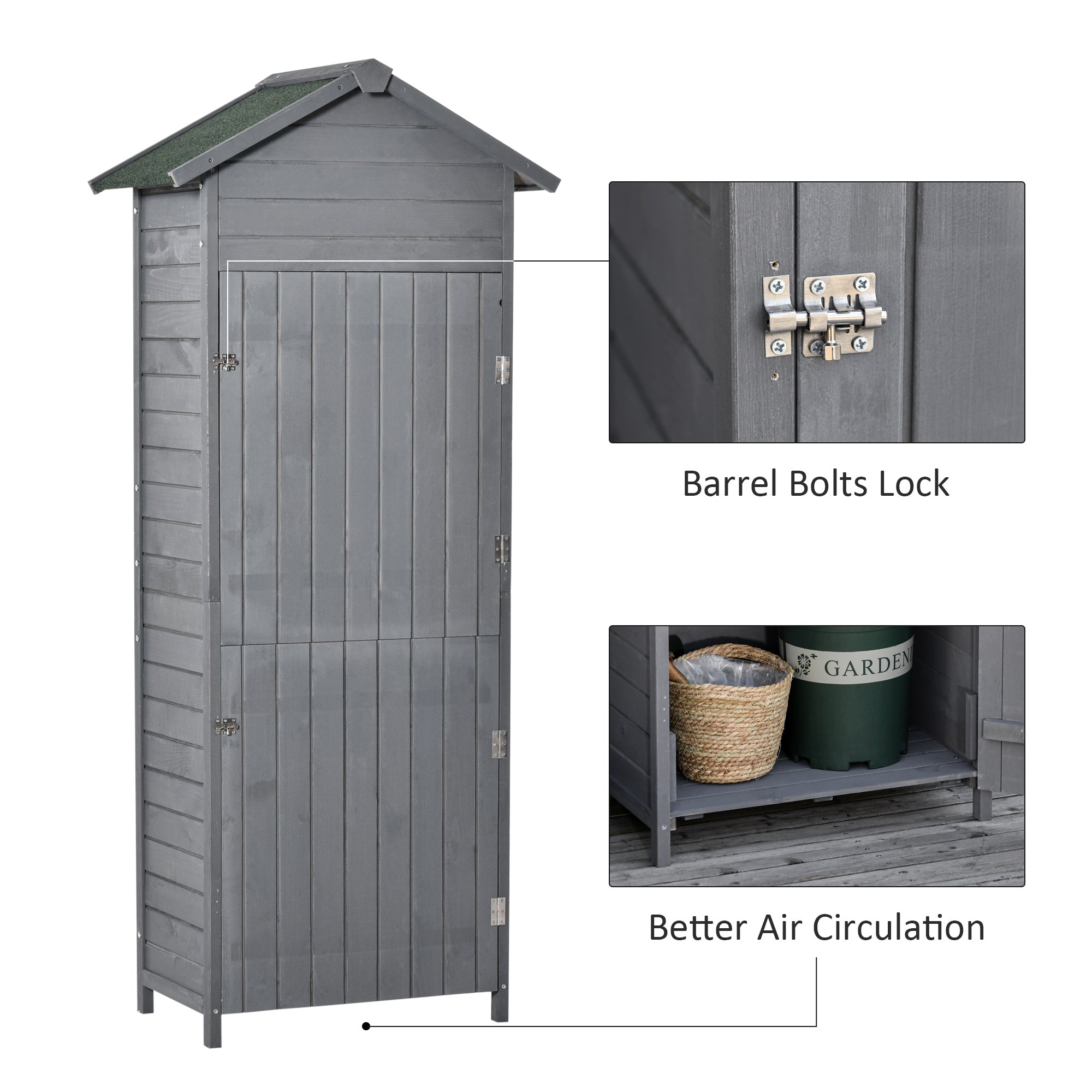 Wooden Garden Storage Shed Utility Gardener Cabinet w/ 3 Shelves, Tilted-felt Roof and Two Lockable Doors, 79cm x 49cm x 191.5cm, Dark Grey Outsunny