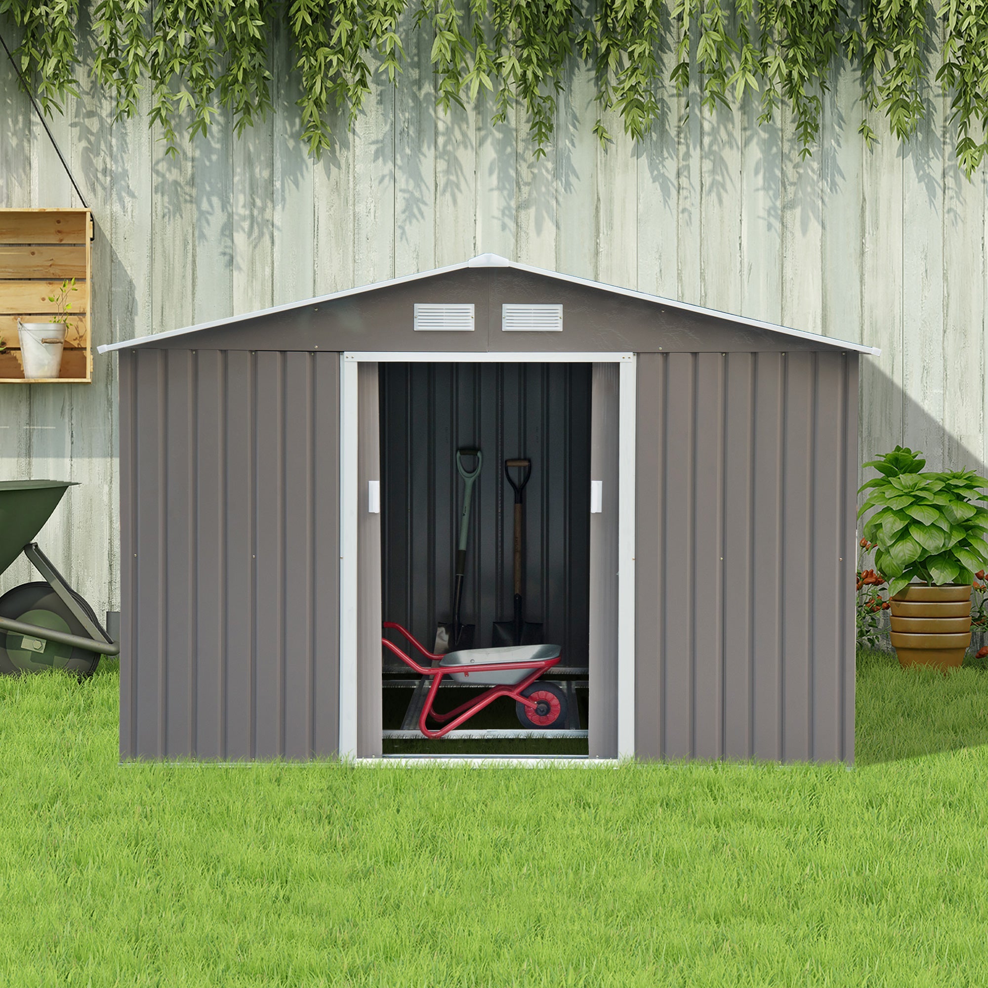 9 x 6FT Outdoor Garden Roofed Metal Storage Shed Tool Box with Foundation Ventilation & Doors Light Outsunny