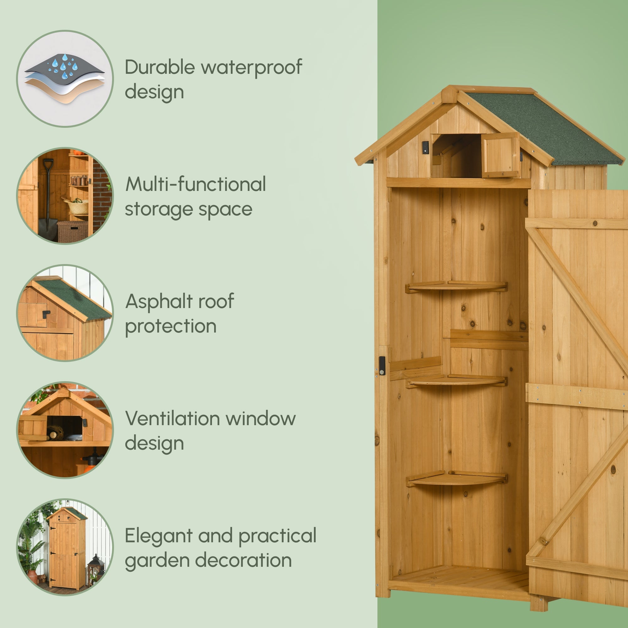 Garden Shed Wood Outdoor Garden Tool Storage Unit with 3 Detachable Shelves, 77 x 54.2 x 179cm Outsunny