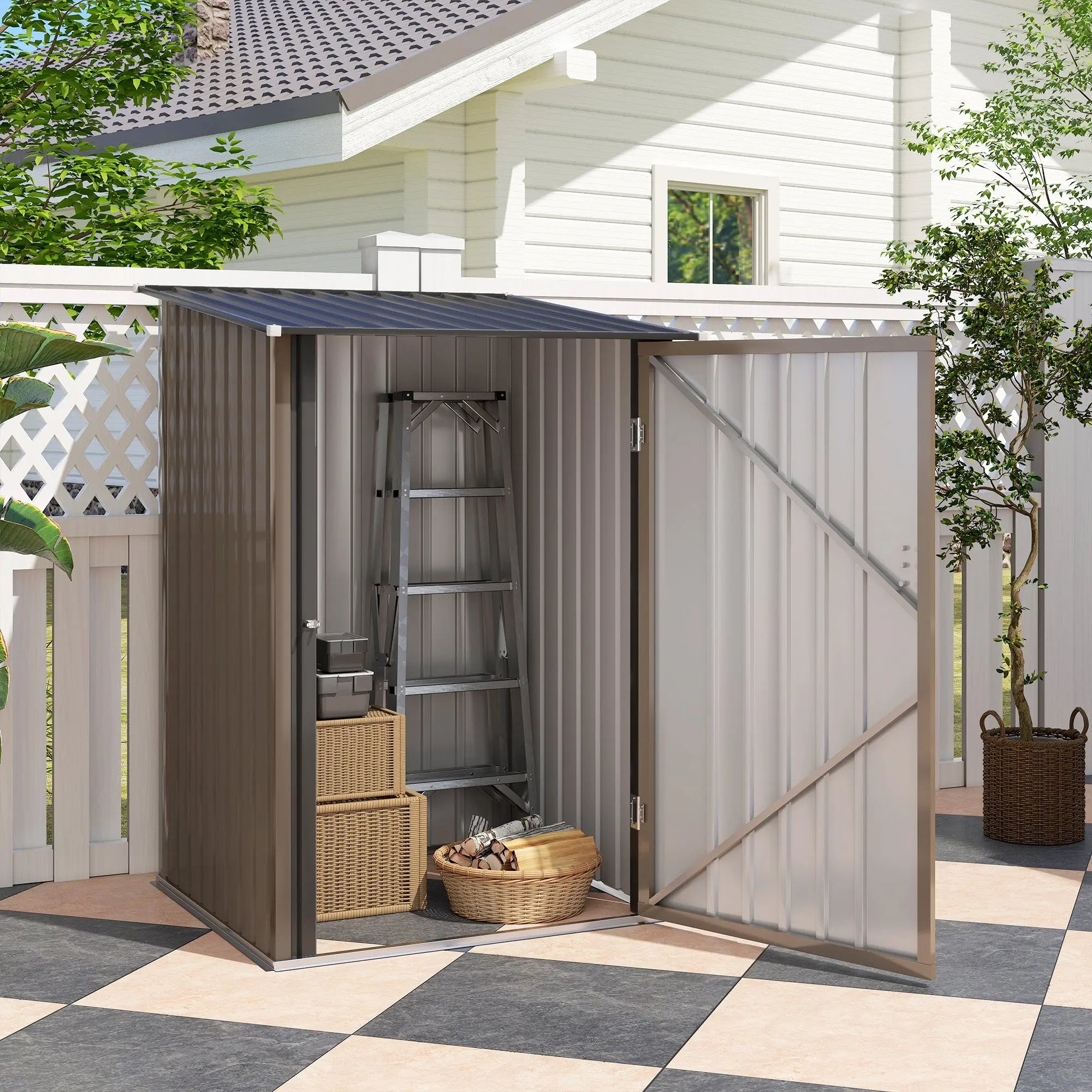 Small Metal Garden Shed 3.3 x 3.4 Lean To Steel Garden Shed with Locking Door, Brown Outsunny