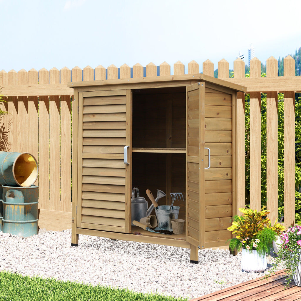 Garden Shed Wooden Garden Storage Shed 2 Door Unit Solid Fir Wood Garage Tool Organisation Cabinet, 87L x 46.5W x 96.5Hcm, Natural Outsunny