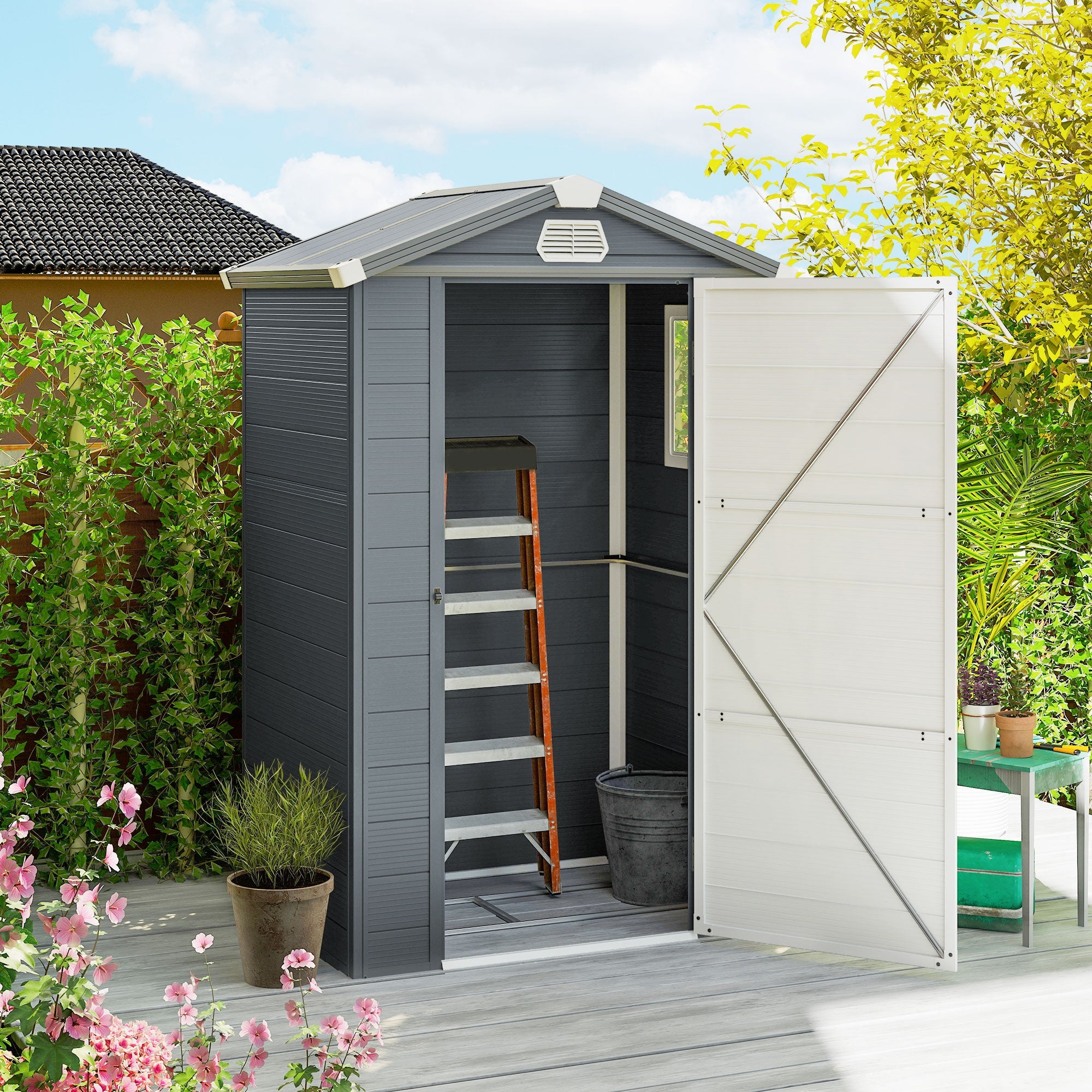 4.4ft x 3.3ft size Aluminium Frame and Plastic Wall Shed, with Foundation Outsunny