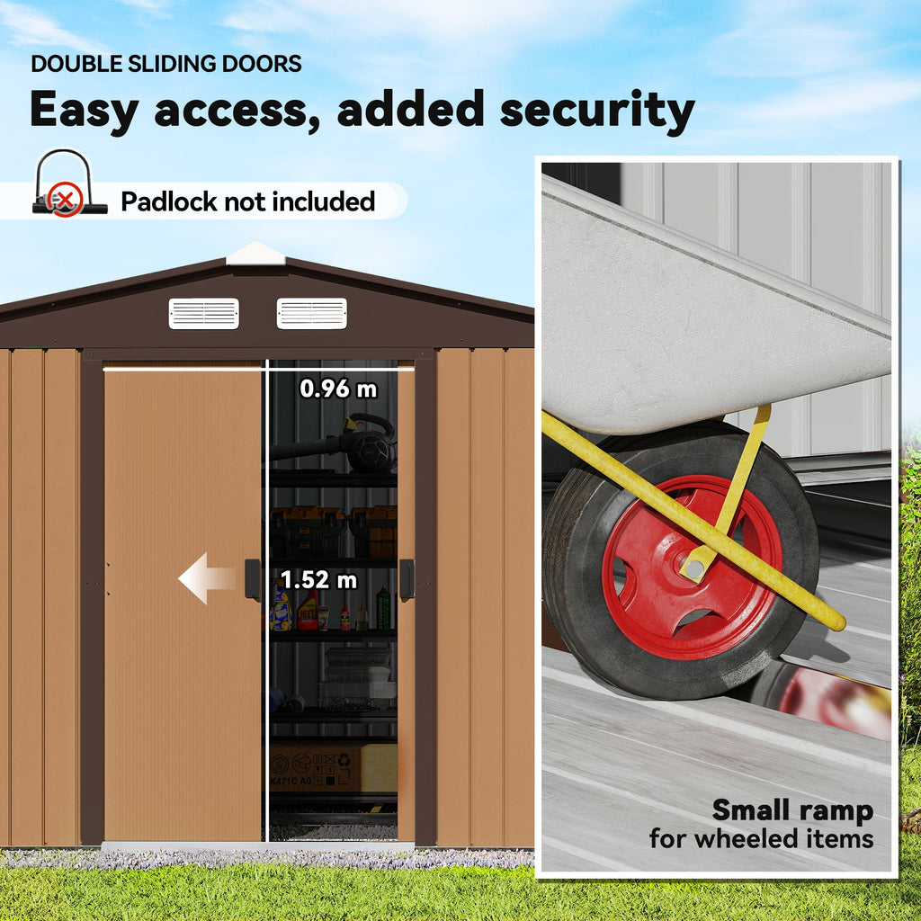 9 x 6ft Metal Garden Shed, Outdoor Storage Tool House with Ventilation Slots, Foundation Kit and Lockable Double Doors, Light Brown Outsunny