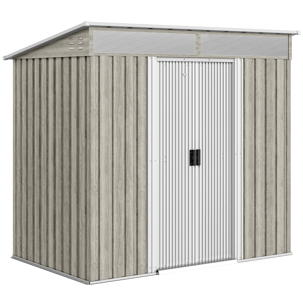 6.5 x 4FT Galvanised Metal Shed with Foundation Kit, Lockable Tool Garden Shed with Double Sliding Doors, Vents Wood Effect Outsunny