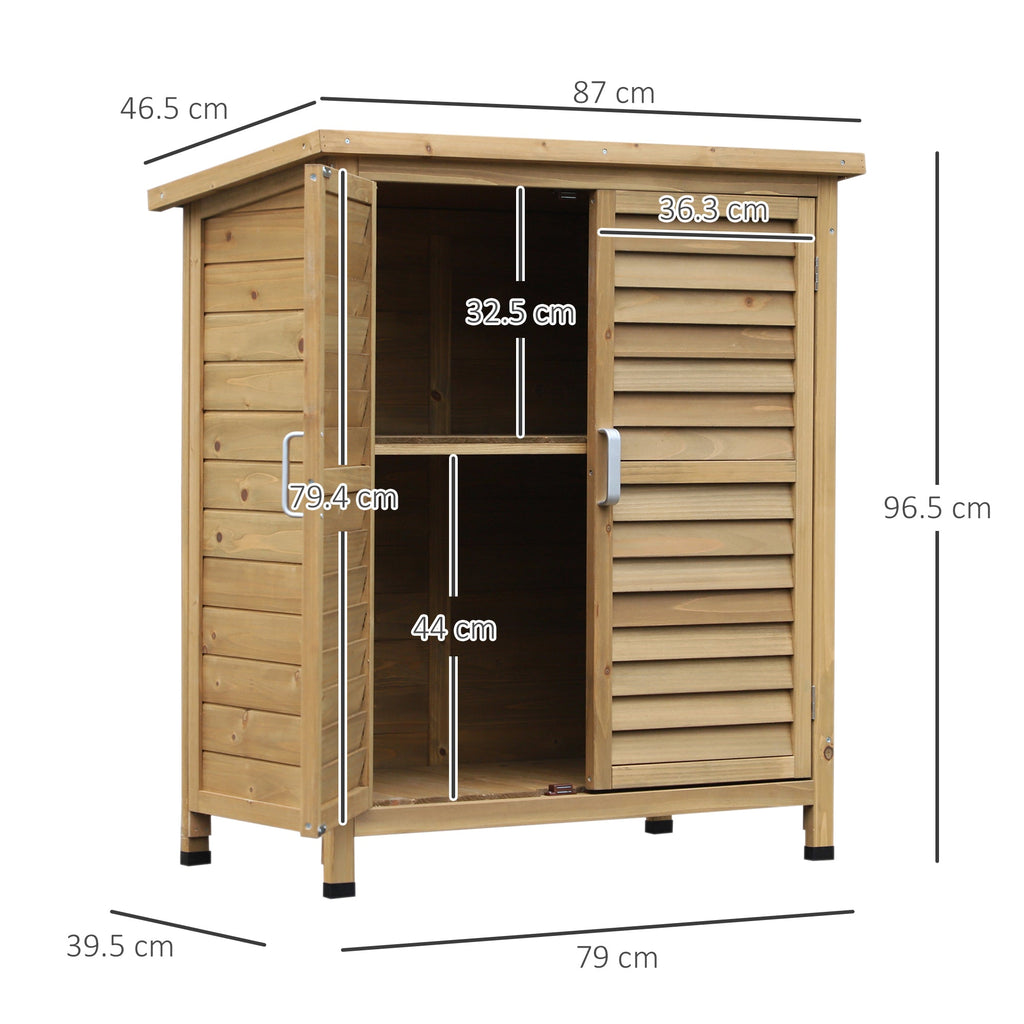 Garden Shed Wooden Garden Storage Shed 2 Door Unit Solid Fir Wood Garage Tool Organisation Cabinet, 87L x 46.5W x 96.5Hcm, Natural Outsunny