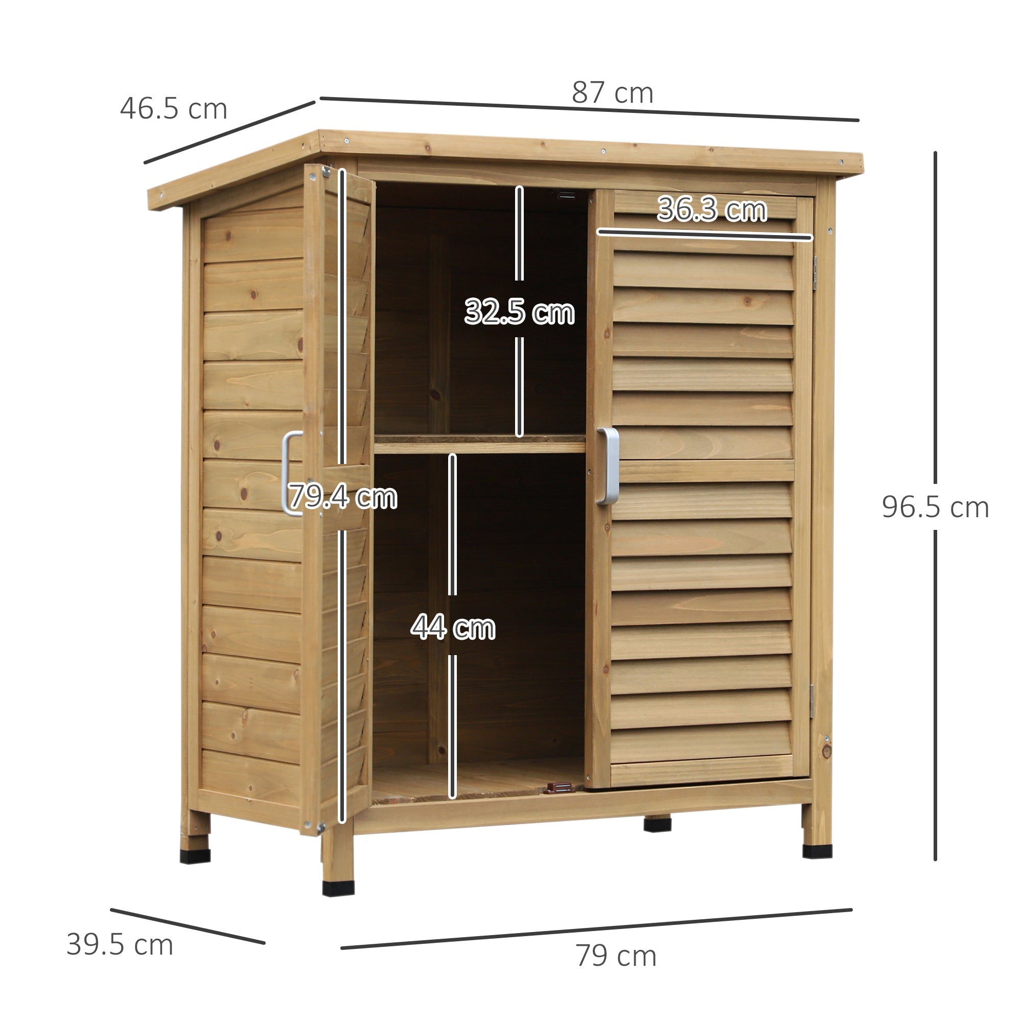 Garden Shed Wooden Garden Storage Shed 2 Door Unit Solid Fir Wood Garage Tool Organisation Cabinet, 87L x 46.5W x 96.5Hcm, Natural Outsunny
