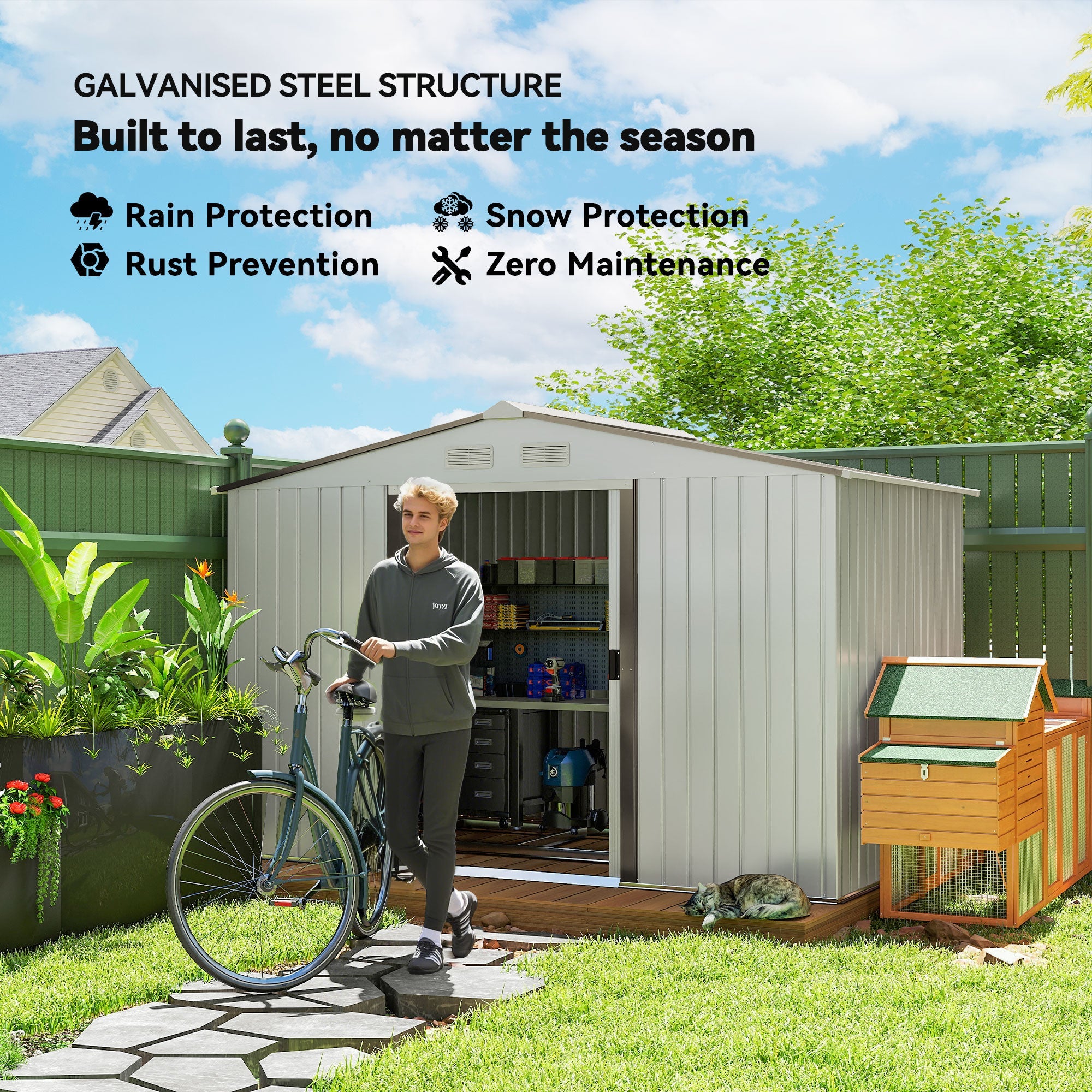 Metal Bike Shed, Mobility Scooter Shed House with Foundation Kit, Ventilation, Doors, 9 x 6FT, Silver Outsunny