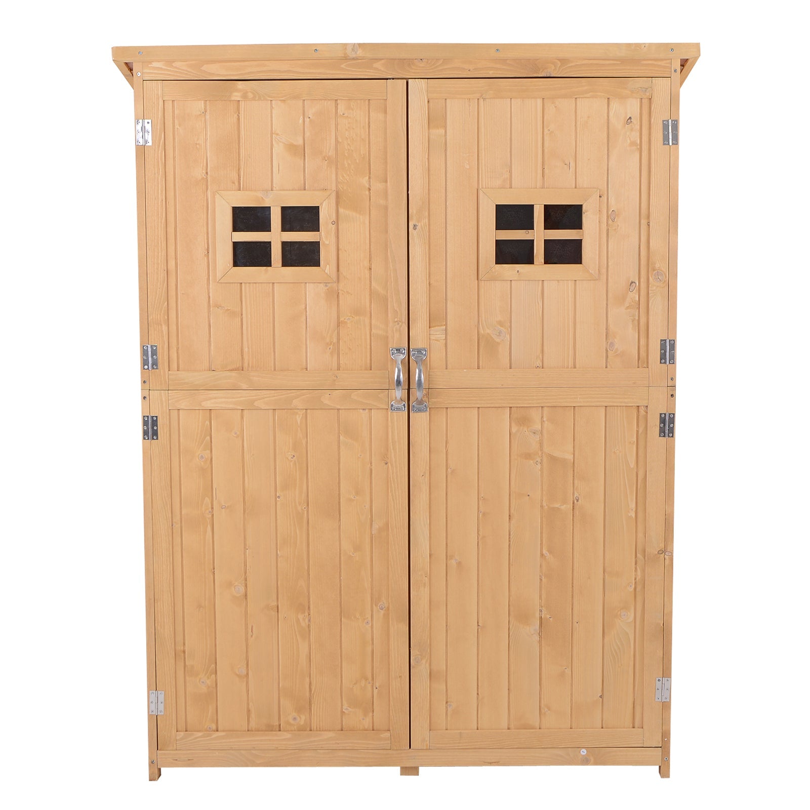 Wooden Garden Shed with Two Windows, Tool Storage Cabinet, Outdoor Double Door Organizer 127.5L x 50W x 164H cm, Natural Outsunny