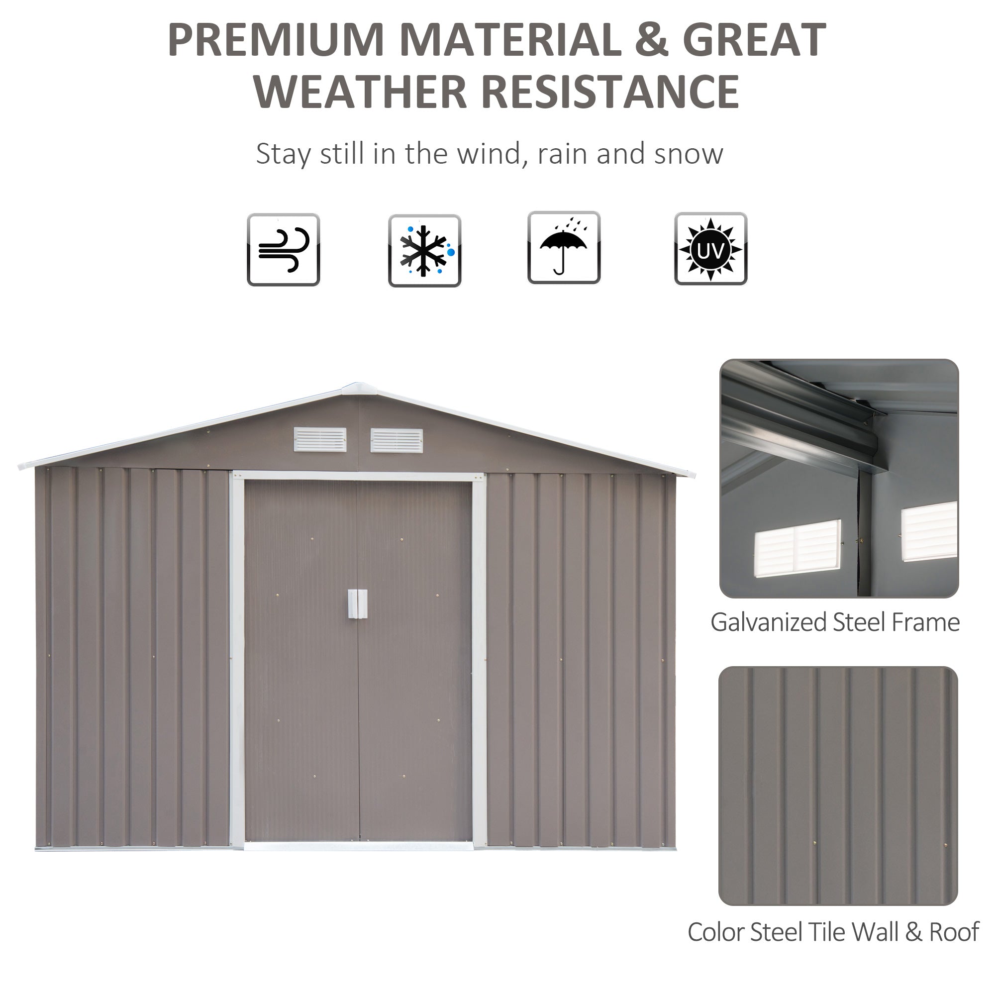 9 x 6FT Outdoor Garden Roofed Metal Storage Shed Tool Box with Foundation Ventilation & Doors Light Outsunny