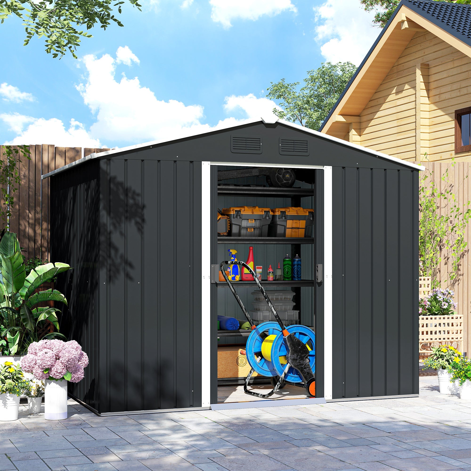 7.7 x 5.7ft Metal Garden Shed, Galvanised Outdoor Tool Storage House with Ventilation Slots and Sliding Doors Outsunny
