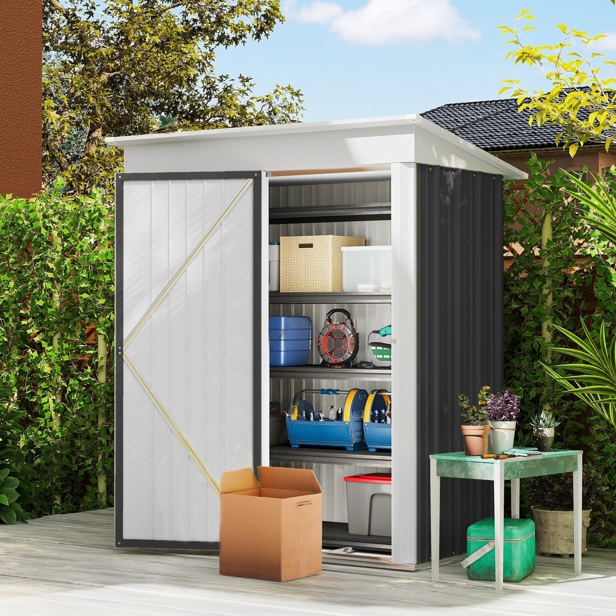 Metal Garden Shed, Outdoor Lean-to Shed for Tool Motor Bike, with Adjustable Shelf, Lock, Gloves, 5'x3'x6' Outsunny