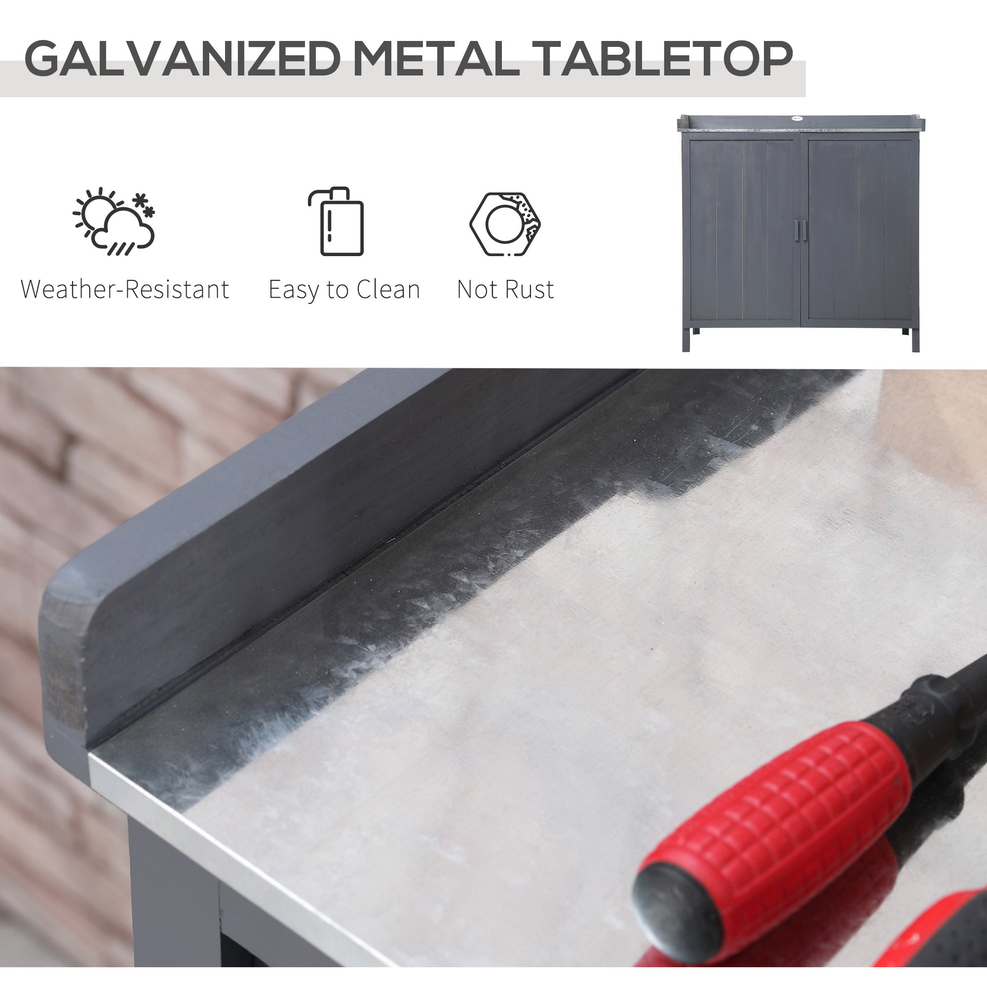 Garden Storage Cabinet, Outdoor Tool Shed, Potting Bench Table with Galvanized Top and Two Shelves for Yard Tools or Pool Accessories Outsunny