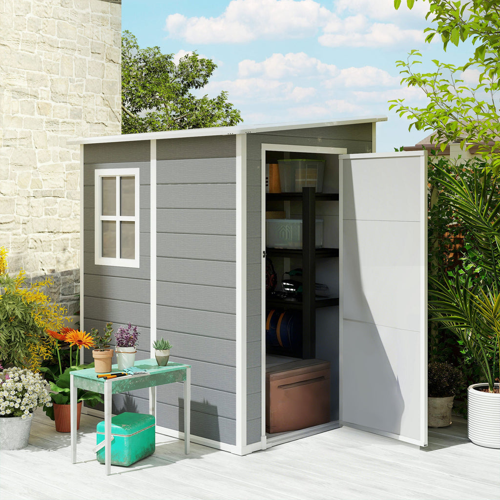 4'x5' Garden Storage Shed, Lean to Shed, Lockable Garden Shed with Window, Vent and Plastic Roof, Grey Outsunny
