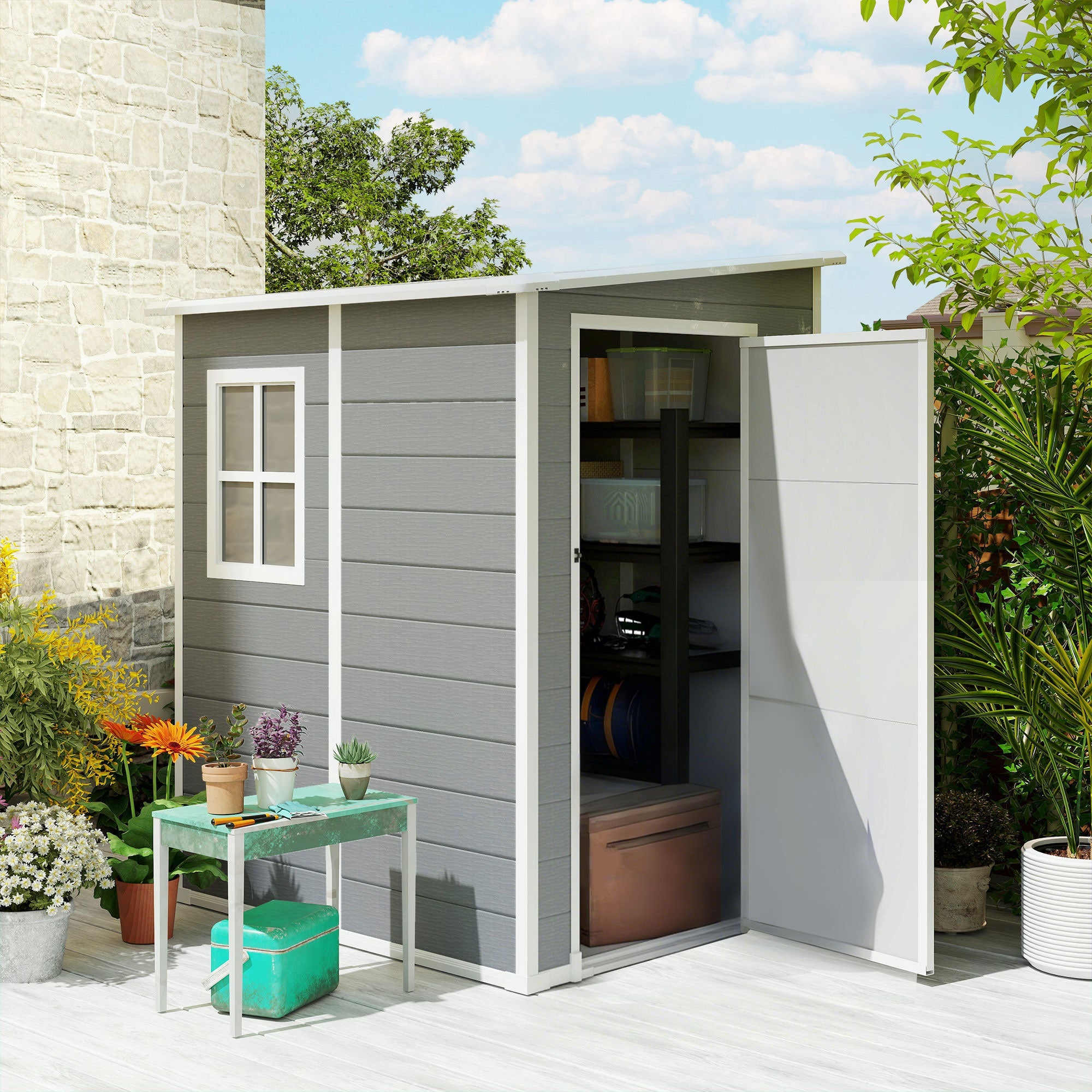 4'x5' Garden Storage Shed, Lean to Shed, Lockable Garden Shed with Window, Vent and Plastic Roof, Grey Outsunny