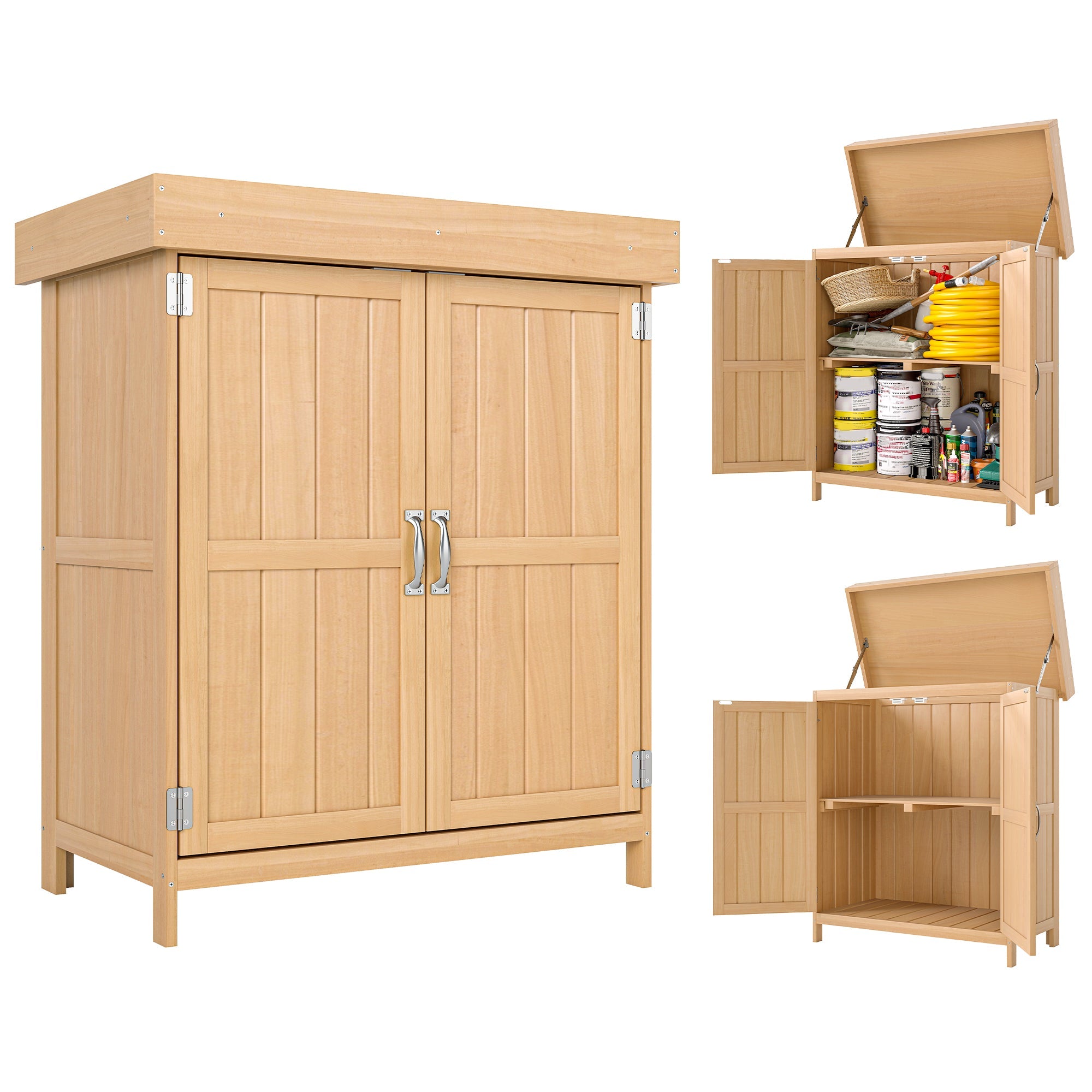 Small Shed, Wooden Garden Shed with Openable Hinged Roof and Removable Shelf, Outdoor Tool Storage Cabinet Chest with Double Doors, 74 x 43 x 88 cm, Natural Wood Finish Outsunny