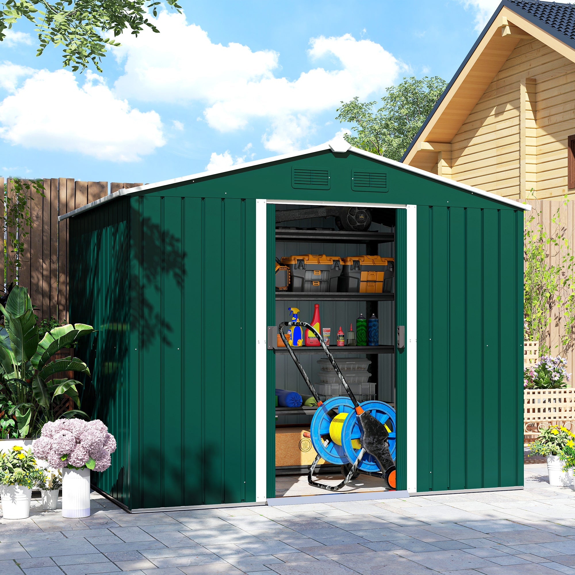 Large Garden Storage Shed, 7.7 x 5.7 with Ventilation Slots and Sliding Doors for Gardeners Outsunny