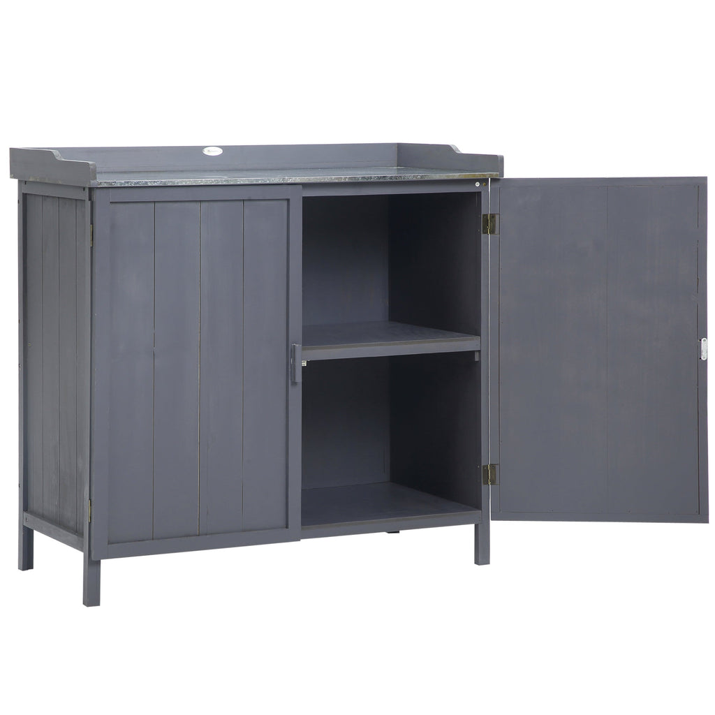 Garden Storage Cabinet, Outdoor Tool Shed, Potting Bench Table with Galvanized Top and Two Shelves for Yard Tools or Pool Accessories Outsunny