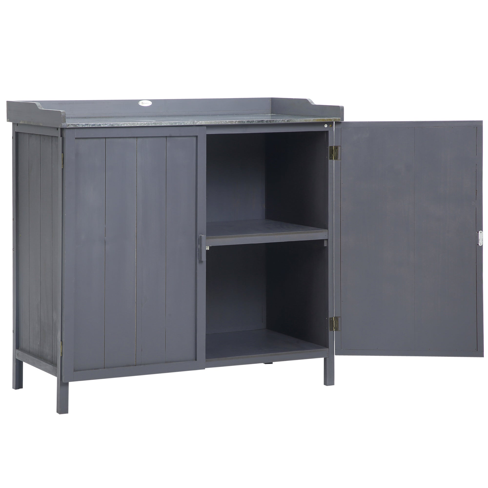 Garden Storage Cabinet, Outdoor Tool Shed, Potting Bench Table with Galvanized Top and Two Shelves for Yard Tools or Pool Accessories Outsunny