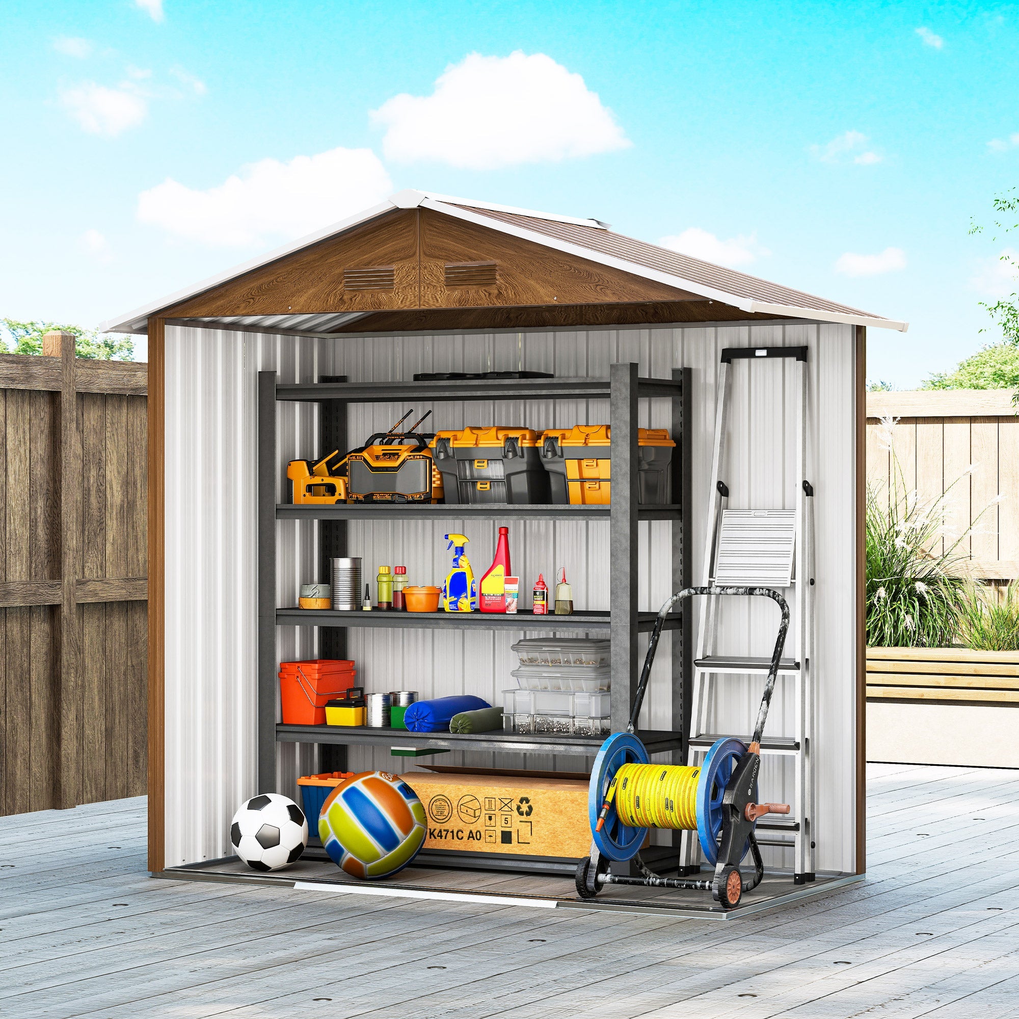 6.5 x 3.5ft Metal Garden Storage Shed - Brown Wood Effect Outsunny