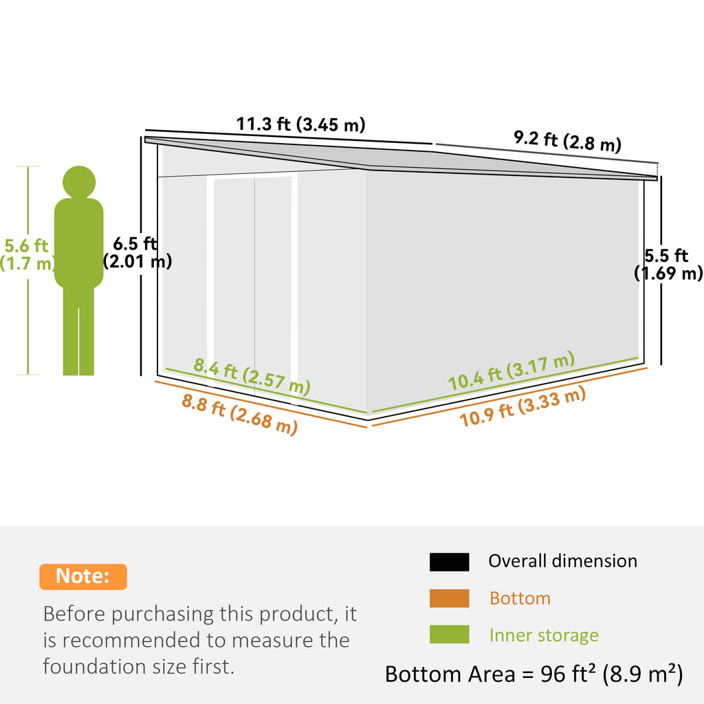 11.3 x 9.2ft Lean to Metal Garden Shed, Outdoor Galvanised Tool Storage House with Double Sliding Doors and 2 Air Vents