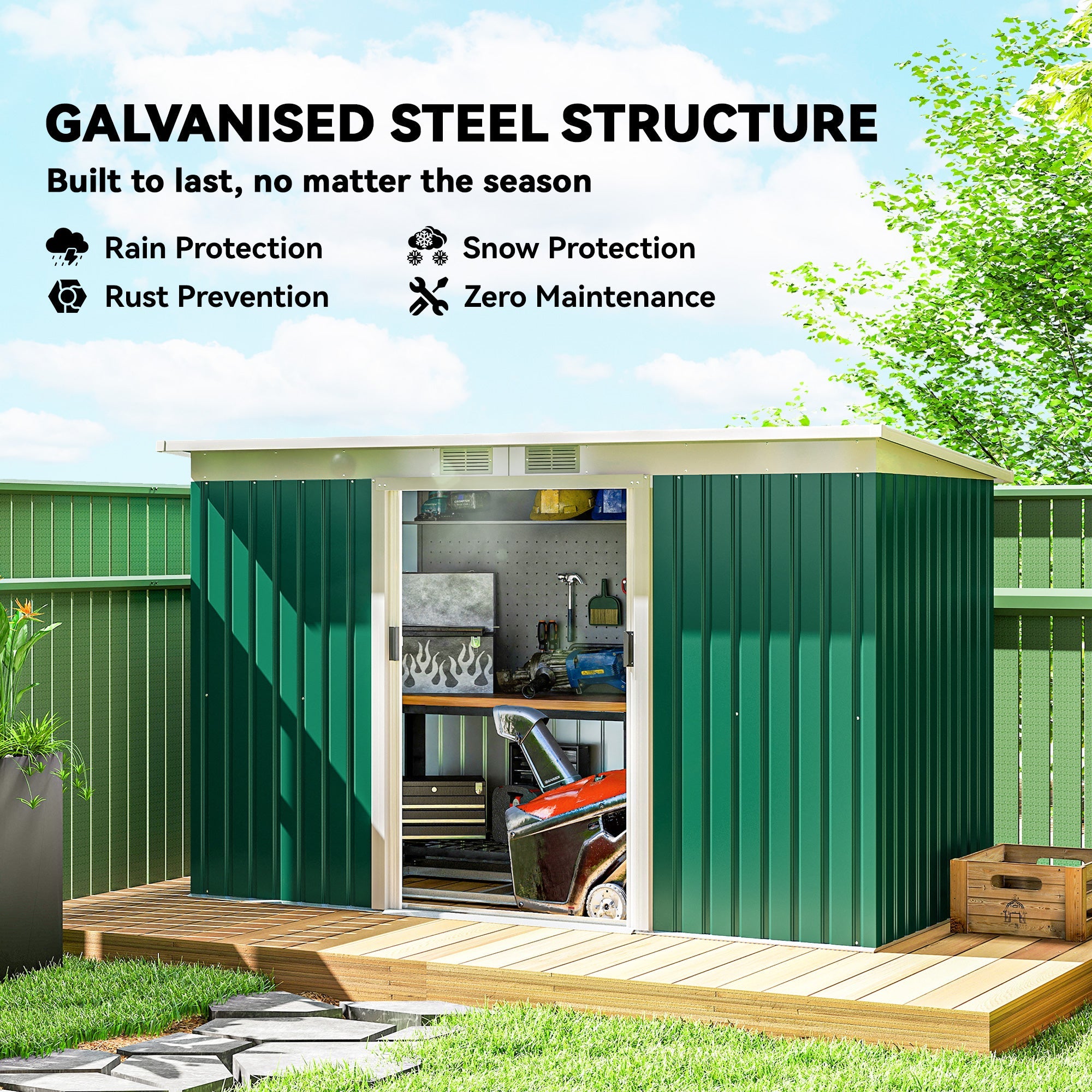 9ft x 4ft Metal Garden Shed, Outdoor Tool House with Foundation Kit, Ventilations and Double Doors Outsunny