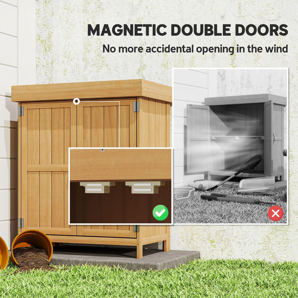 Small Shed, Wooden Garden Shed with Openable Hinged Roof and Removable Shelf, Outdoor Tool Storage Cabinet Chest with Double Doors, 74 x 43 x 88 cm, Natural Wood Finish Outsunny