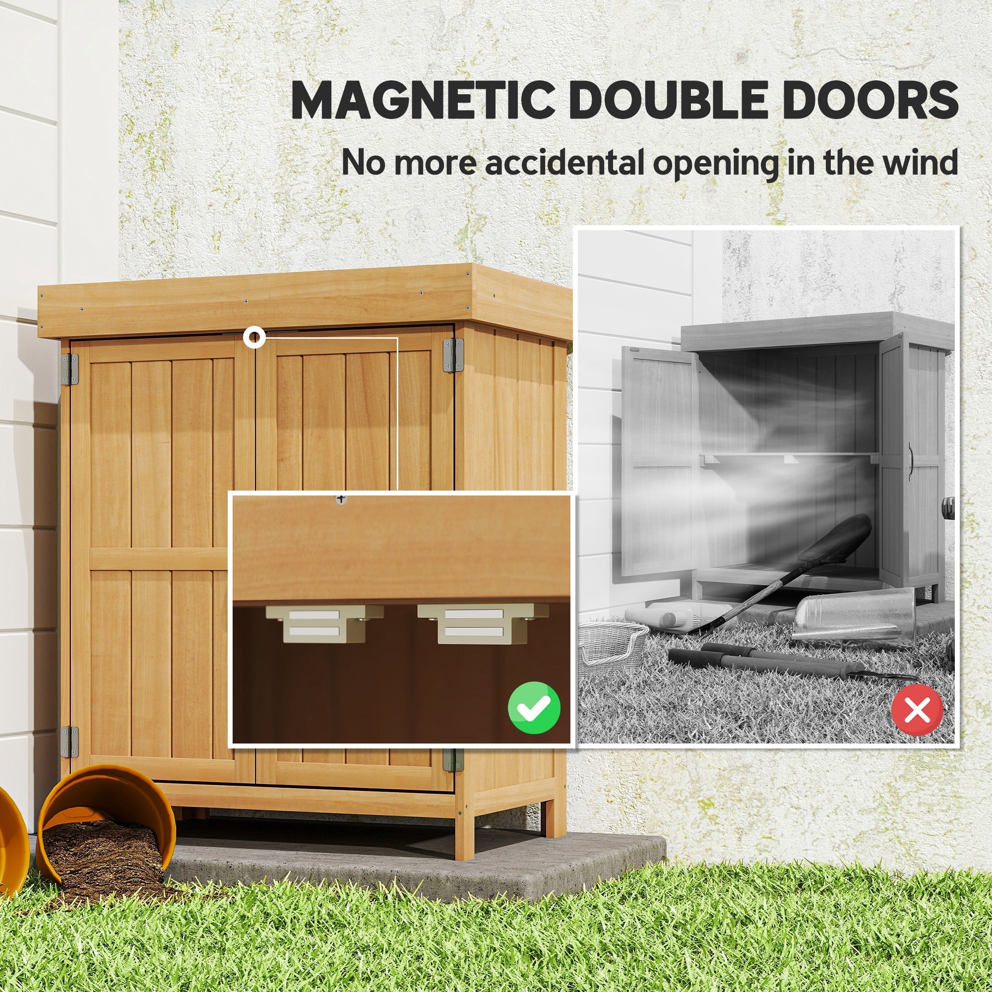 Small Shed, Wooden Garden Shed with Openable Hinged Roof and Removable Shelf, Outdoor Tool Storage Cabinet Chest with Double Doors, 74 x 43 x 88 cm, Natural Wood Finish Outsunny