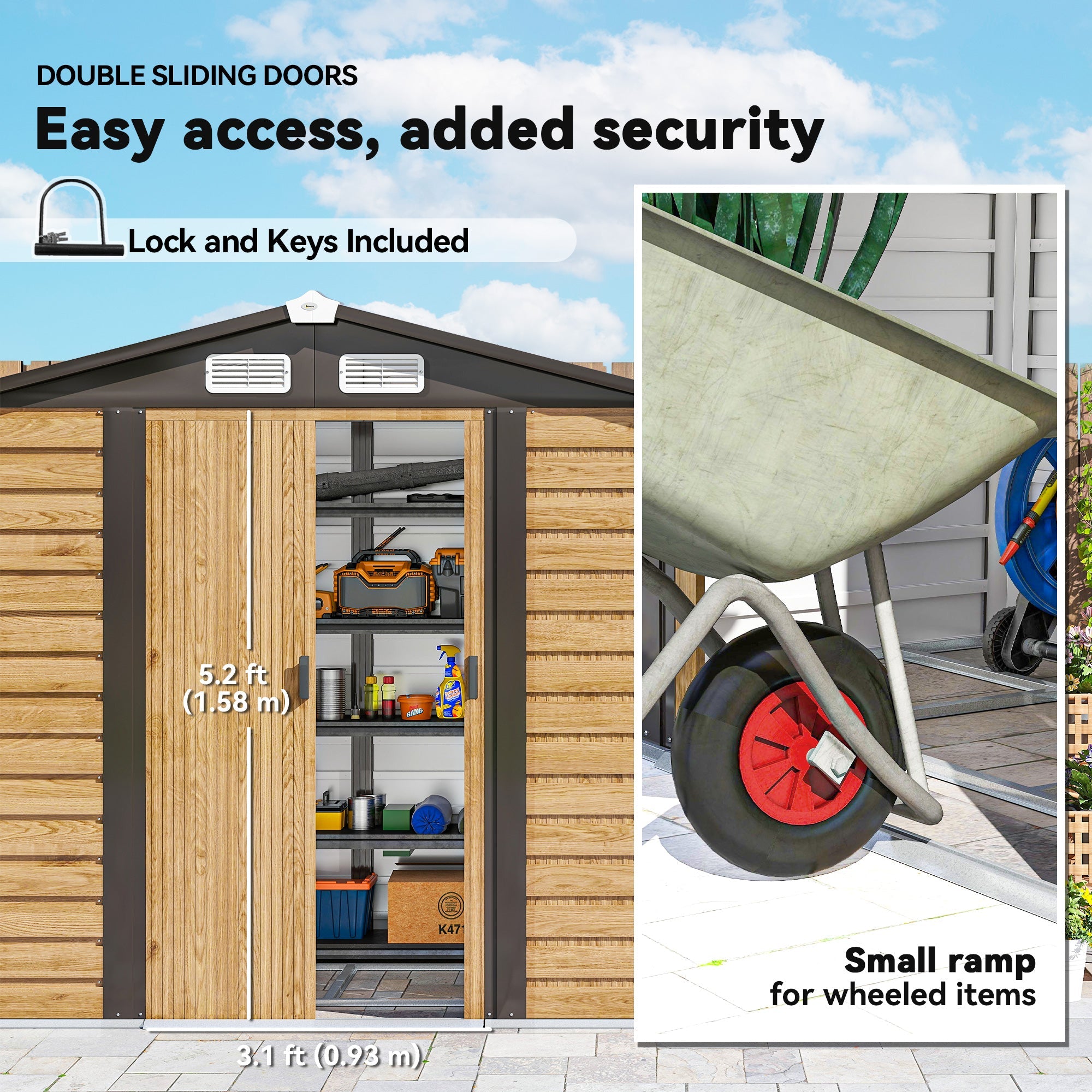 7 x 4ft Garden Shed, Easy to Assemble, Upgraded Galvanised Steel Frame with Foundation Kit, Double Doors with Lock, Outdoor Metal Shed with Vents and Gloves, Garden Storage Shed, Natural Outsunny