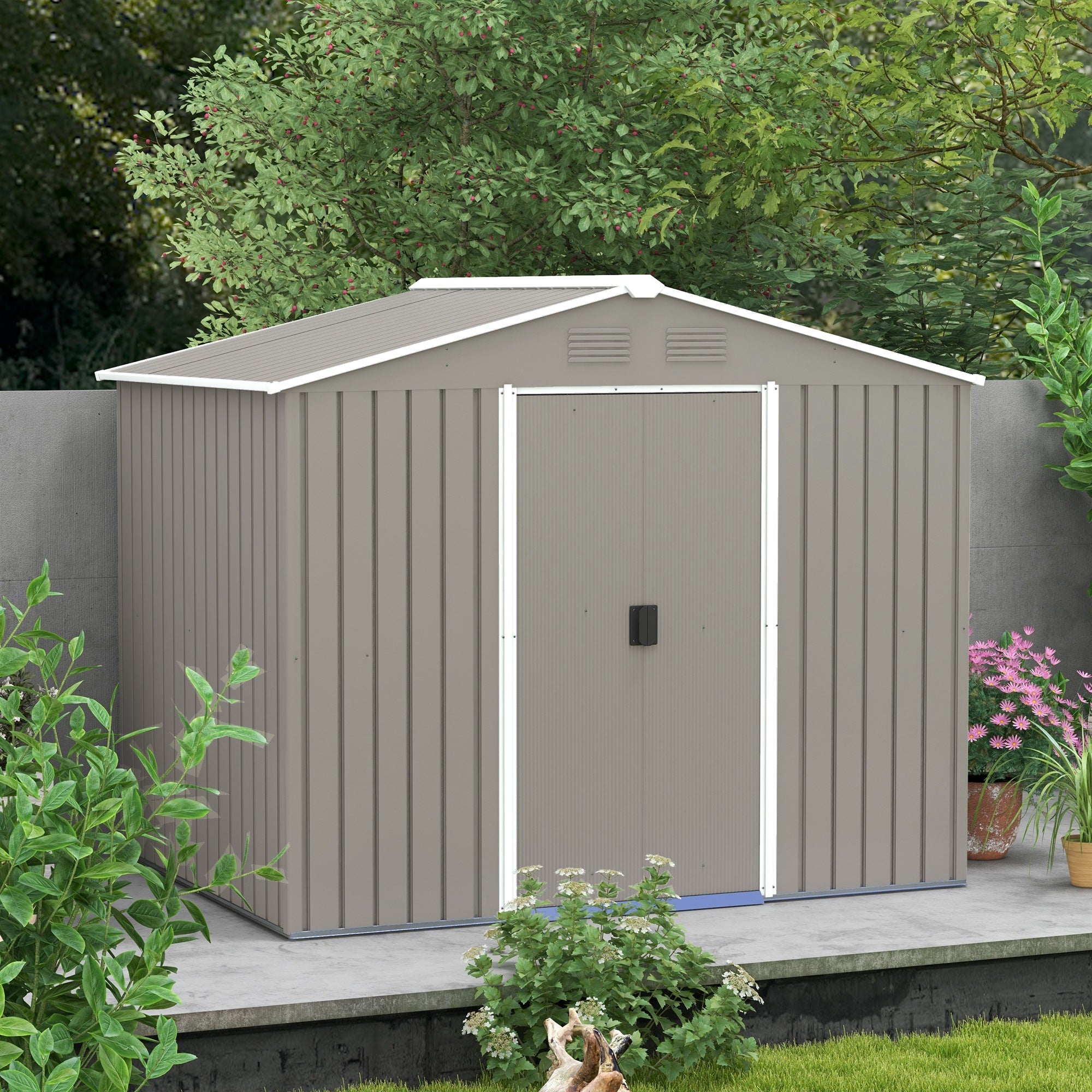 7.7 x 5.7ft Outdoor Garden Storage Shed, Metal Tool House with Ventilation and Sliding Doors Outsunny