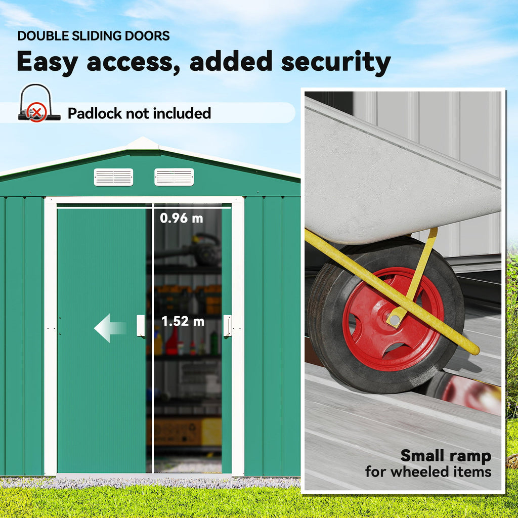 9 x 6ft Metal Garden Shed, Outdoor Storage Tool House with Ventilation Slots, Foundation Kit and Lockable Double Doors, Green Outsunny