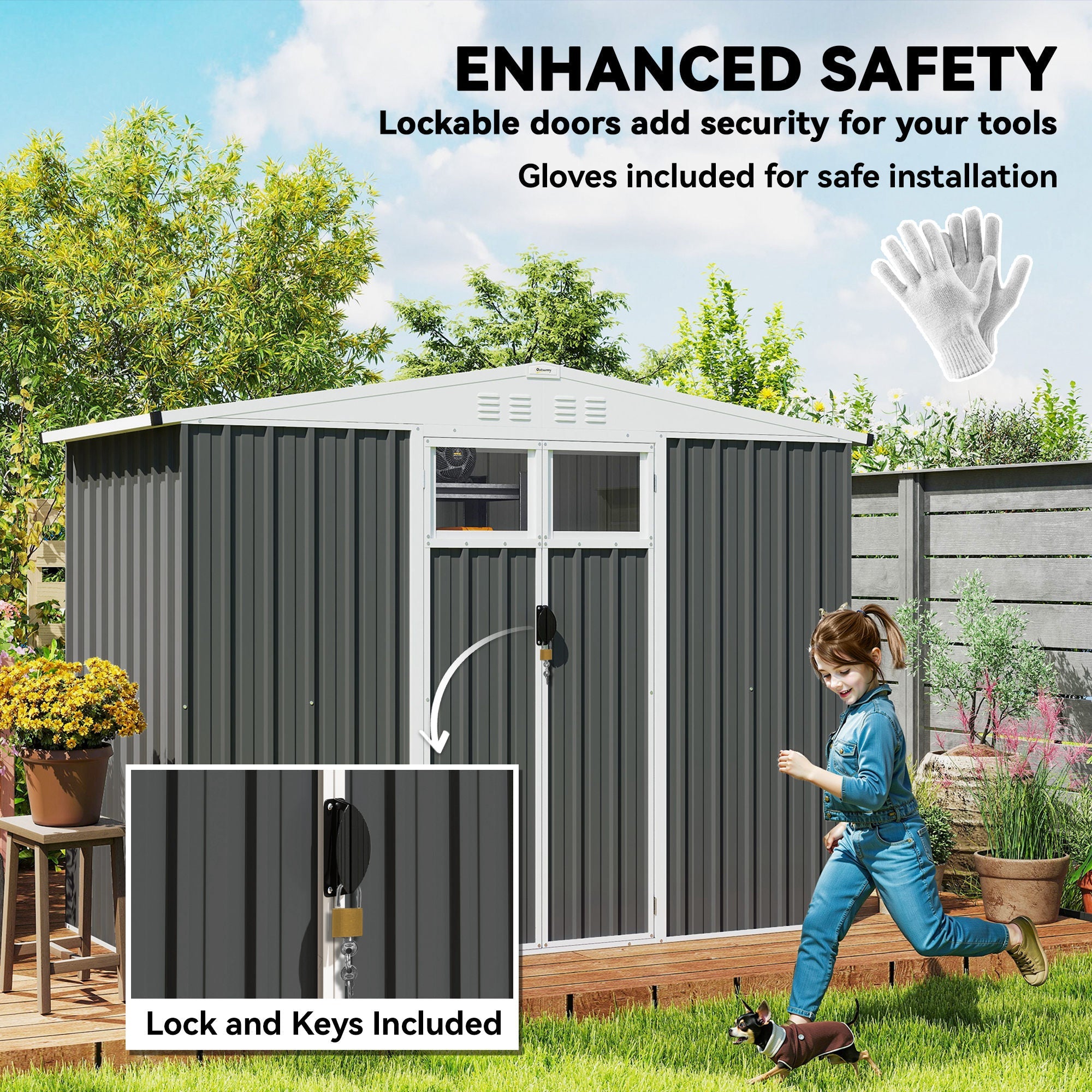 8 x 4 ft Metal Garden Shed, Garden Storage Shed with Window, 4 Vents and Lockable Door, Waterproof Galvanised Steel Tool Storage Cabinet Outsunny