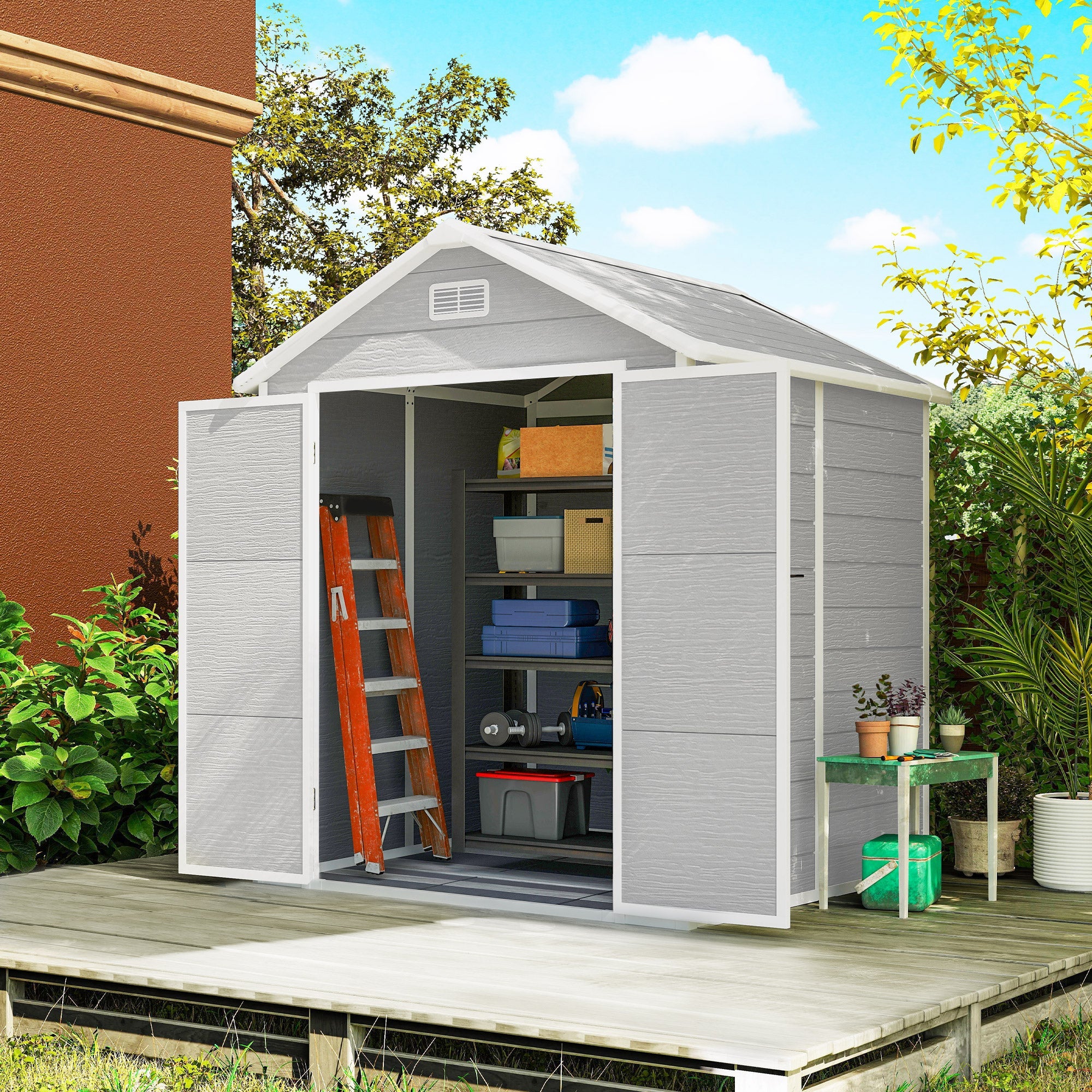 6 x 5ft Garden Shed, Plastic Shed with Floor, Window, Lockable Doors and Vents, Wood Effect Resin Tool Shed for Outdoor Patio Outsunny
