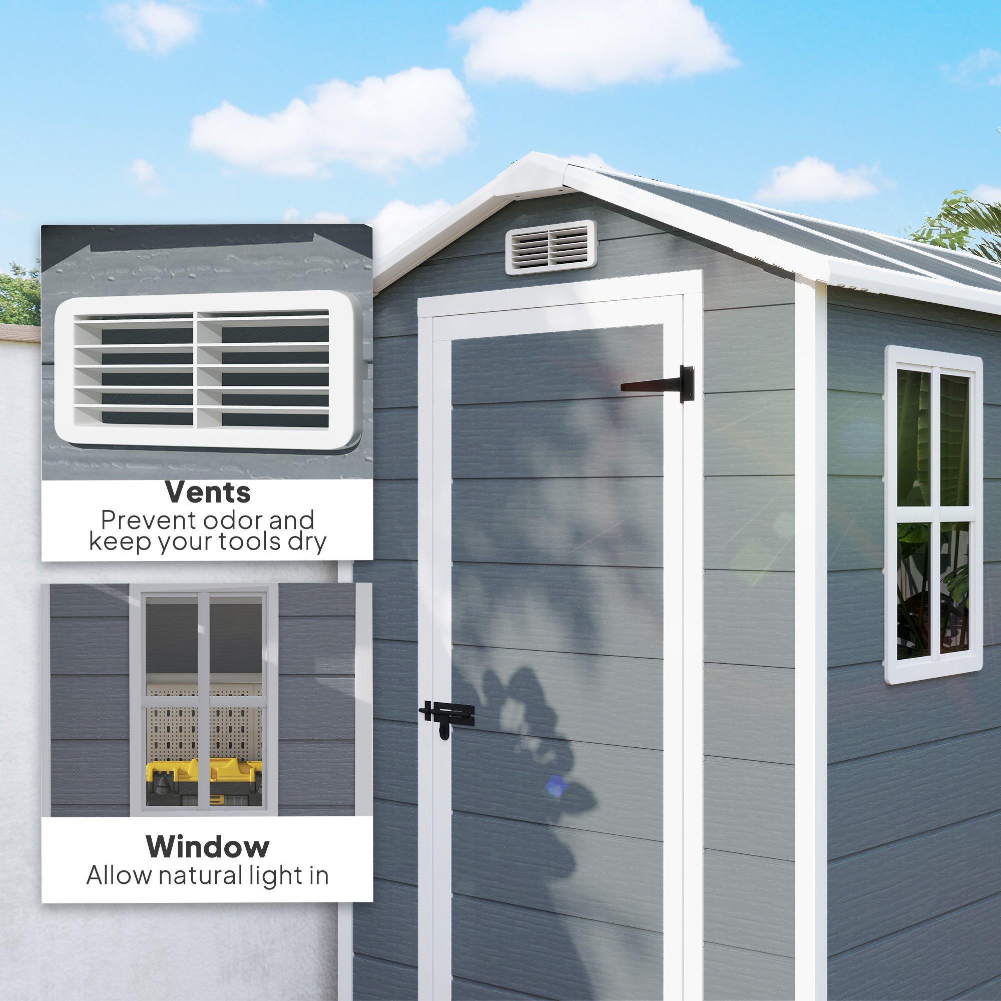 4 x 6ft Garden Shed, Plastic Shed with Floor, Window, Lockable Door and Vents, Resin Tool Shed for Outdoor Patio Storage, Zero Maintenance, Grey Outsunny