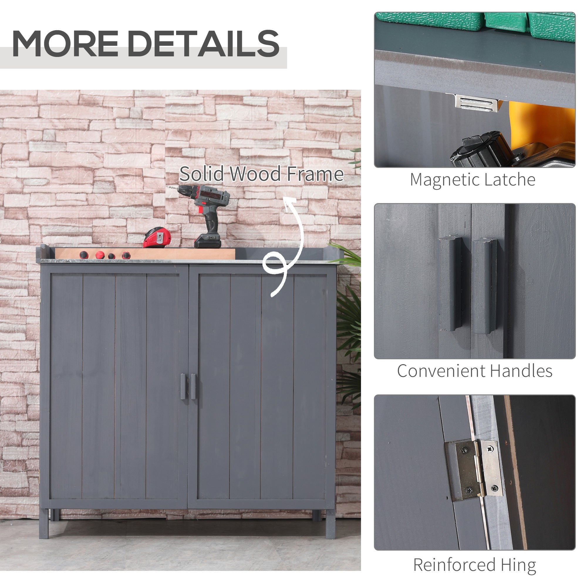 Garden Storage Cabinet, Outdoor Tool Shed, Potting Bench Table with Galvanized Top and Two Shelves for Yard Tools or Pool Accessories Outsunny