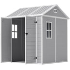 6 x 6ft Garden Shed with Floor, Window, Lockable Doors and Vents, Wood Effect Resin Tool Shed for Outdoor Patio, Grey Outsunny
