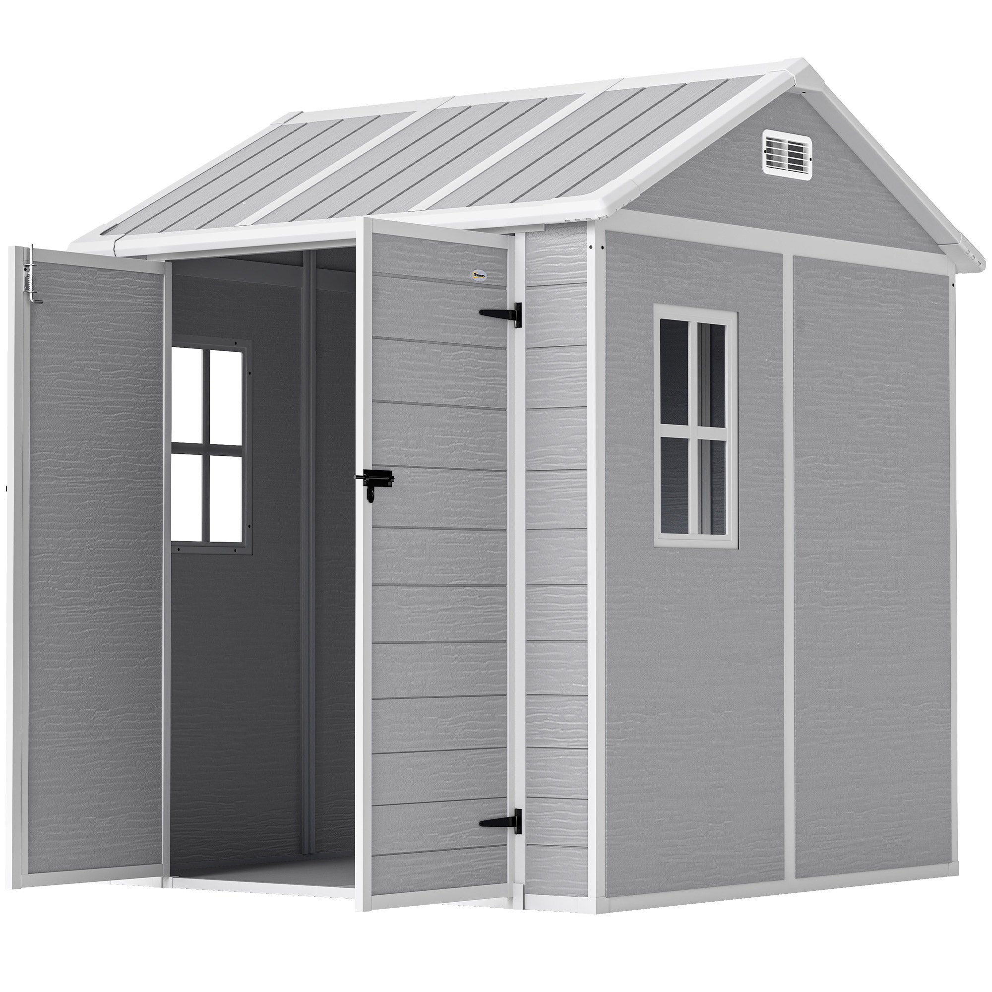 6 x 6ft Garden Shed with Floor, Window, Lockable Doors and Vents, Wood Effect Resin Tool Shed for Outdoor Patio, Grey Outsunny