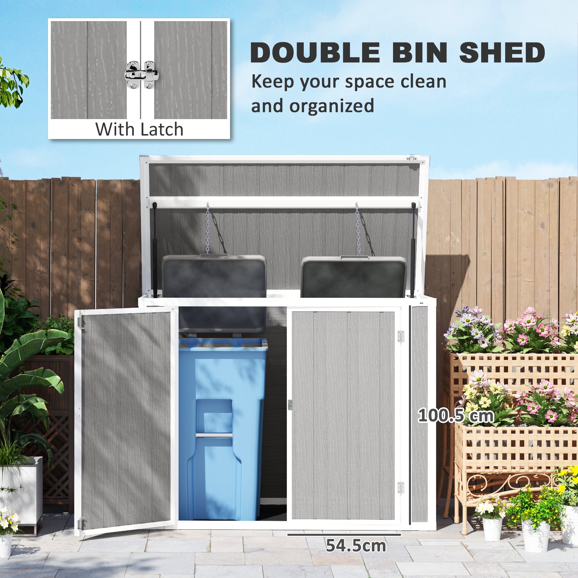 4.7 x 2.5FT Garden Shed, Double Bin Storage Shed with Lockable Doors, Outdoor Small Shed with Openable Lid for 2 Trash Cans, Garden Tools Outsunny