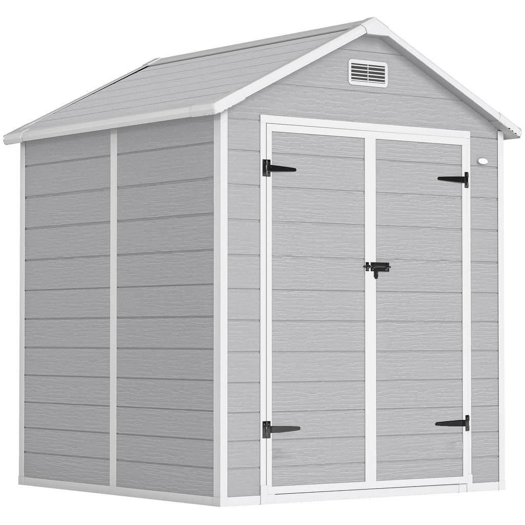6 x 5ft Garden Shed, Plastic Shed with Floor, Window, Lockable Doors and Vents, Wood Effect Resin Tool Shed for Outdoor Patio Outsunny