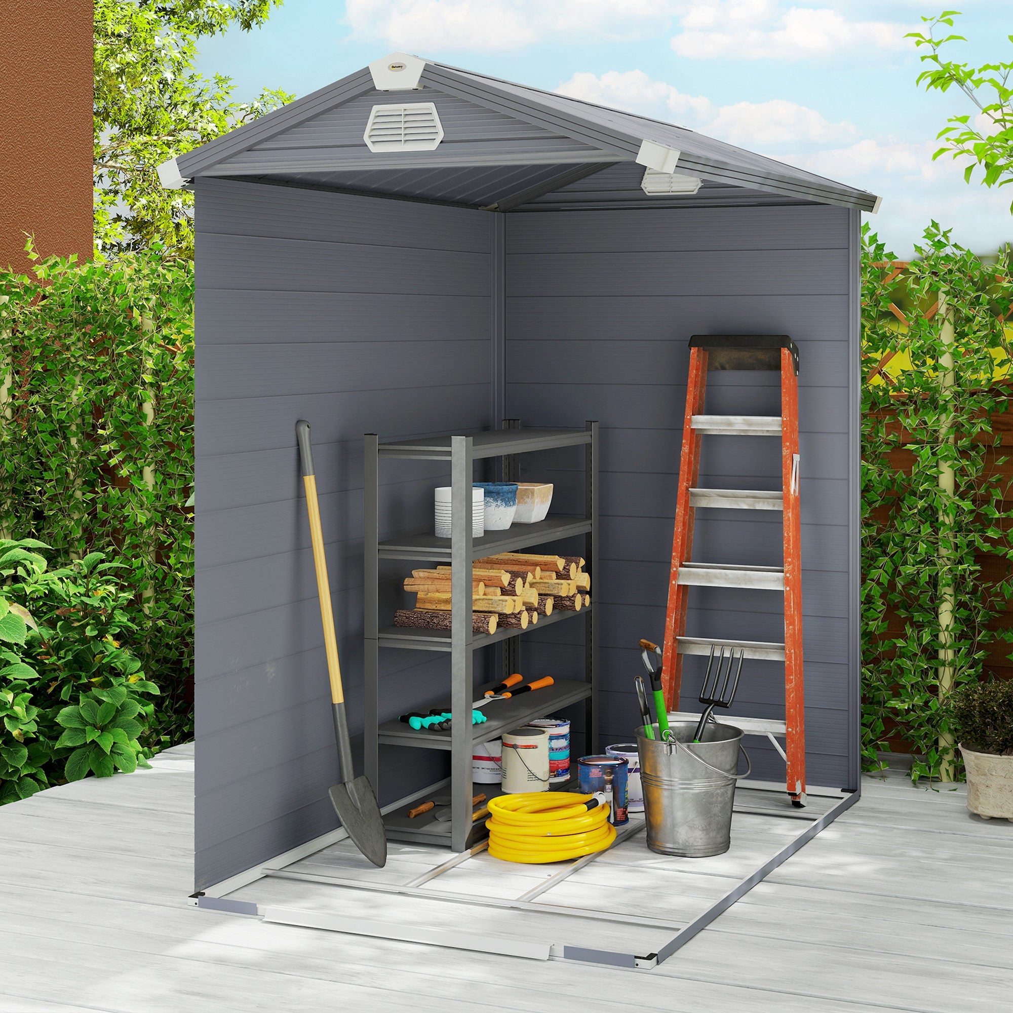 4.4ft x 6.2ft Aluminium Frame and Plastic Wall Shed, with Foundation Outsunny