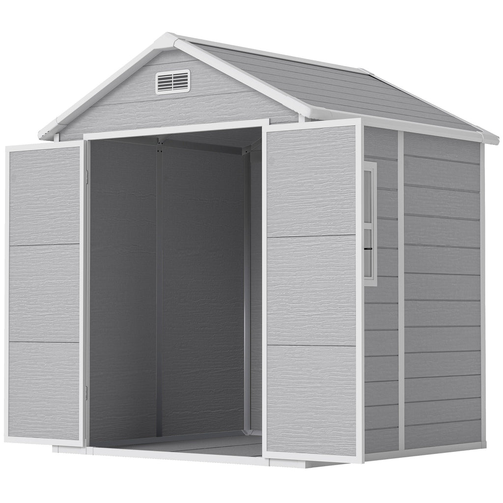 6 x 5ft Garden Shed, Plastic Shed with Floor, Window, Lockable Doors and Vents, Wood Effect Resin Tool Shed for Outdoor Patio Outsunny