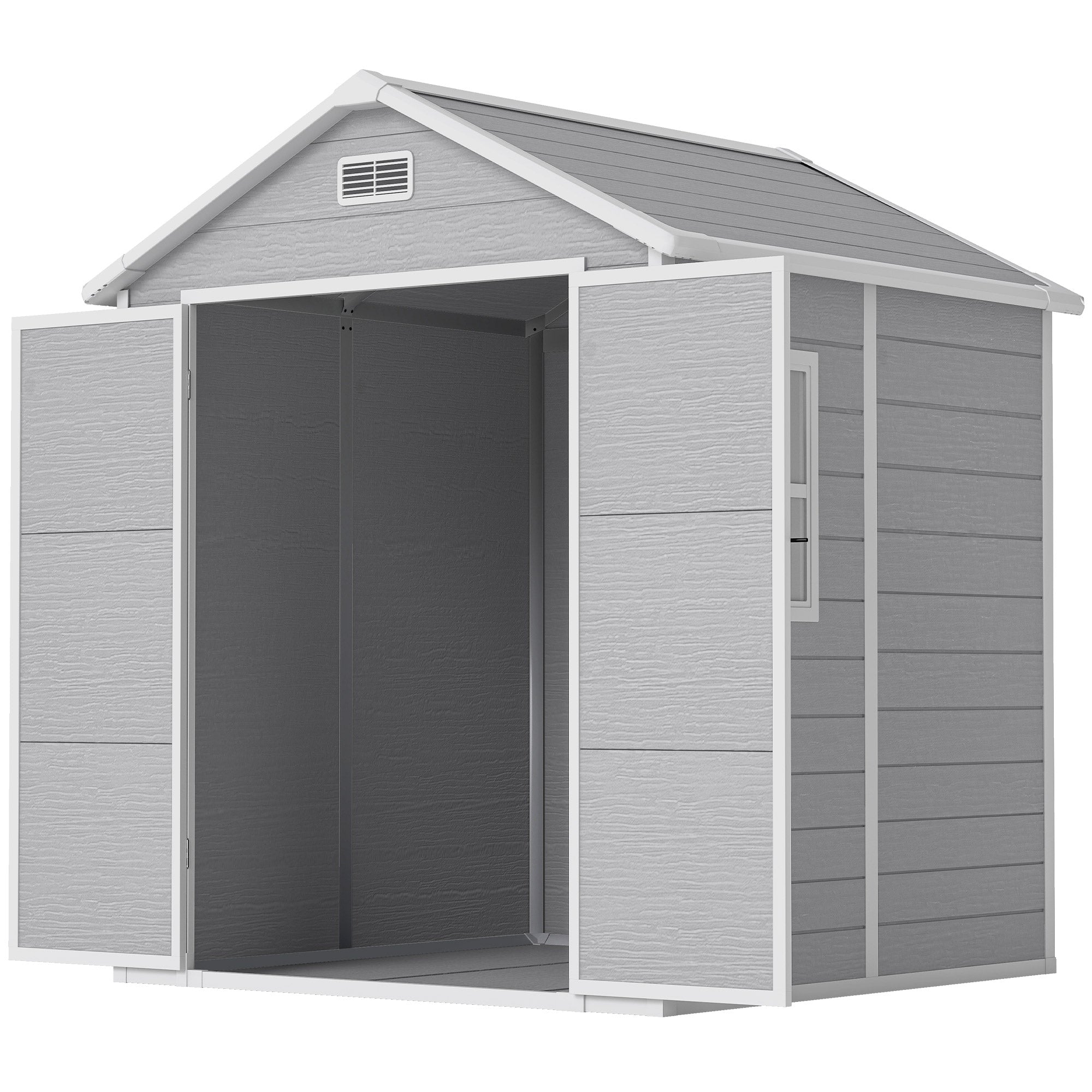 6 x 5ft Garden Shed, Plastic Shed with Floor, Window, Lockable Doors and Vents, Wood Effect Resin Tool Shed for Outdoor Patio Outsunny