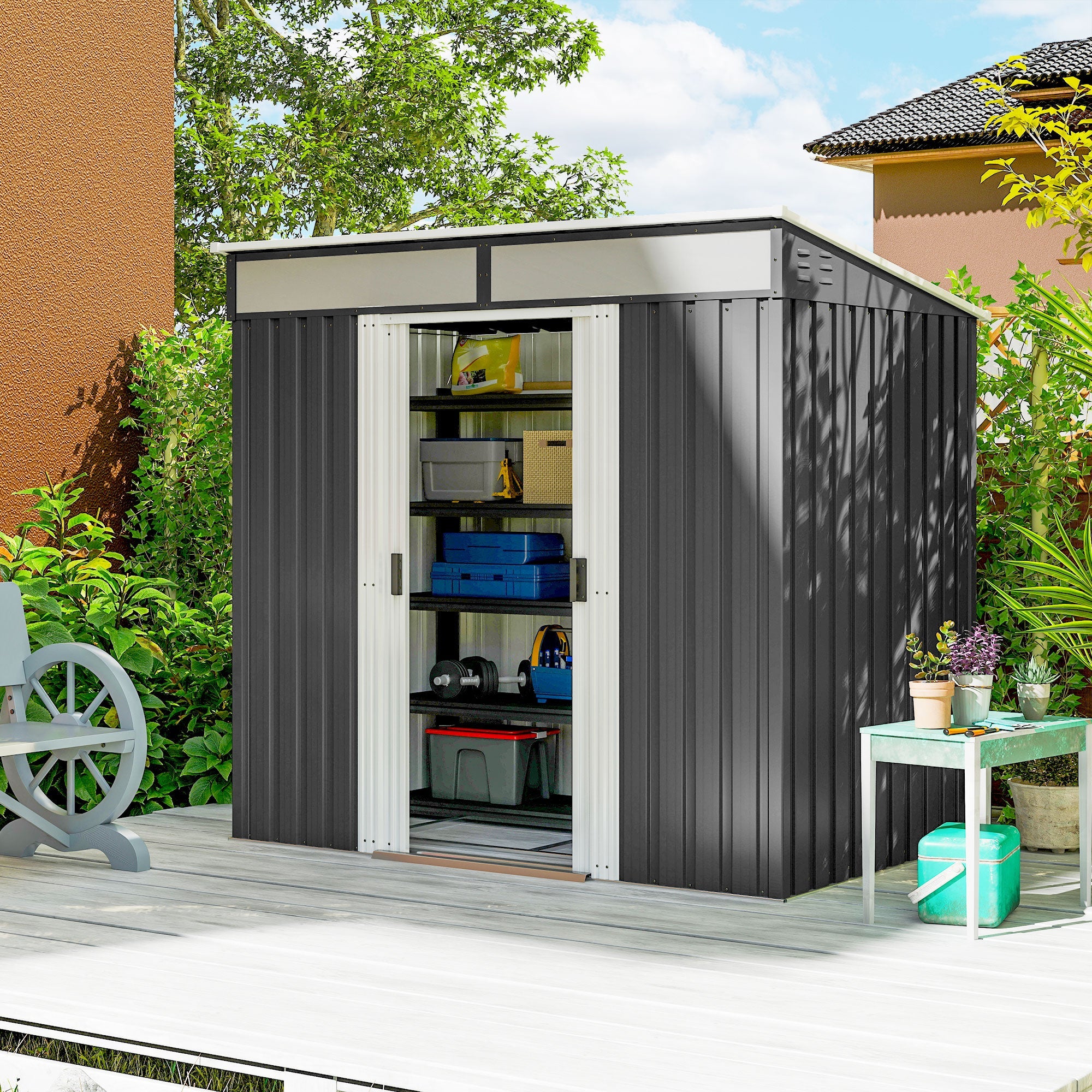 6.5 x 4FT Galvanised Metal Shed with Foundation Kit, Lockable Tool Garden Shed with Double Sliding Doors, Vents Outsunny