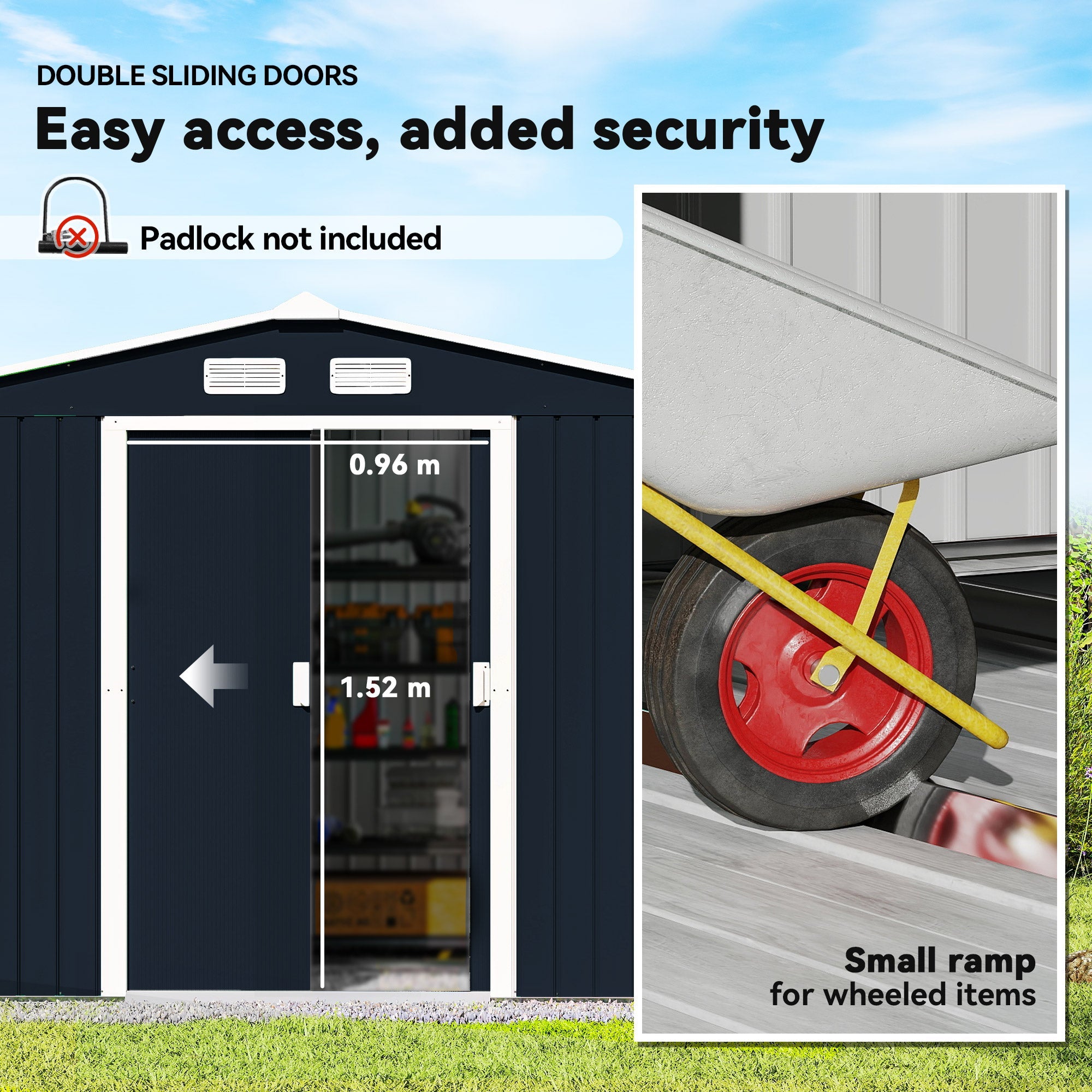 9 x 6ft Metal Bicycle Shed, Outdoor Storage Tool House with Ventilation Slots, Foundation Kit and Lockable Double Doors Outsunny