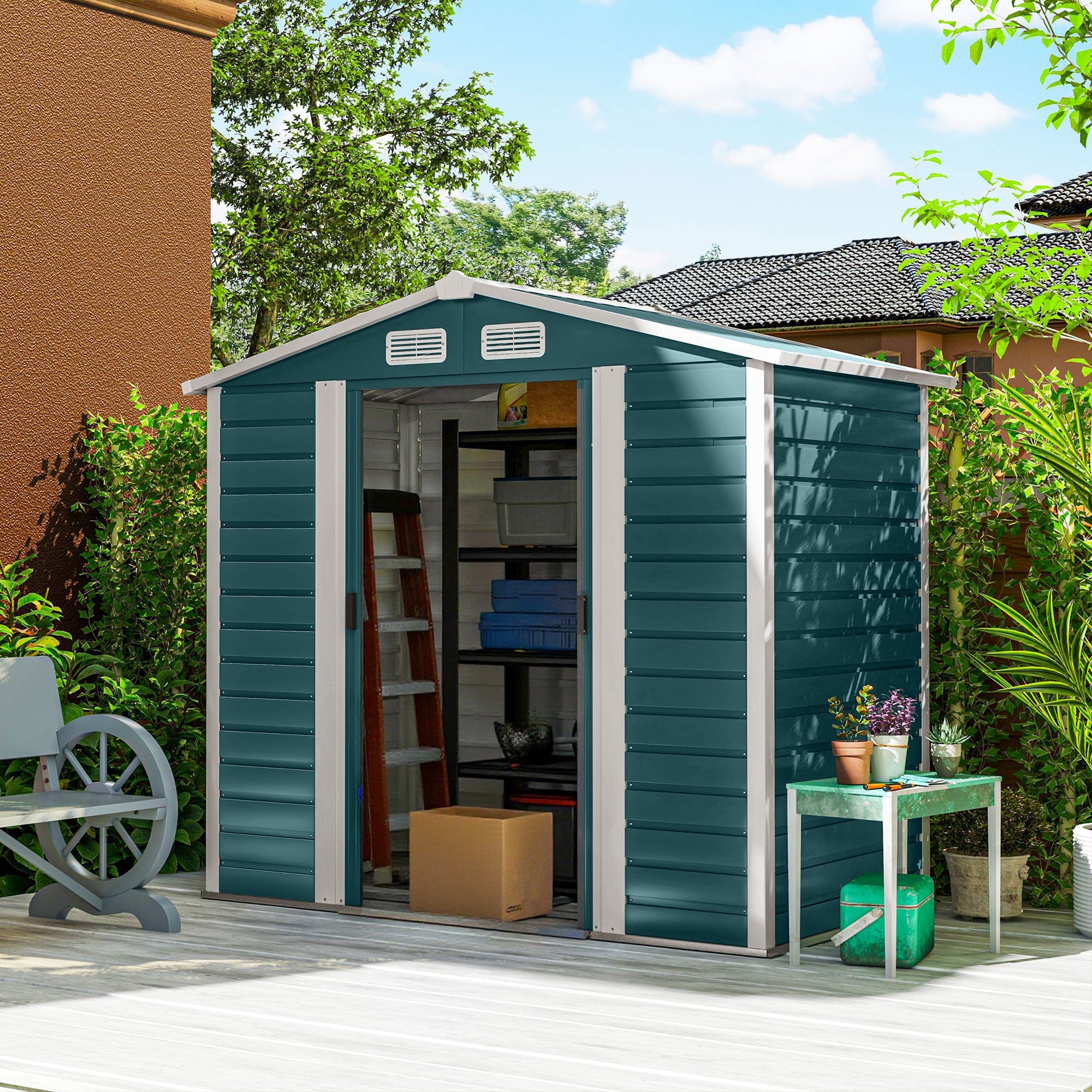 7 x 4ft Garden Shed, Easy to Assemble, Upgraded Galvanised Steel Frame with Foundation Kit, Double Doors with Lock, Outdoor Metal Shed with Vents and Gloves, Garden Storage Shed Outsunny