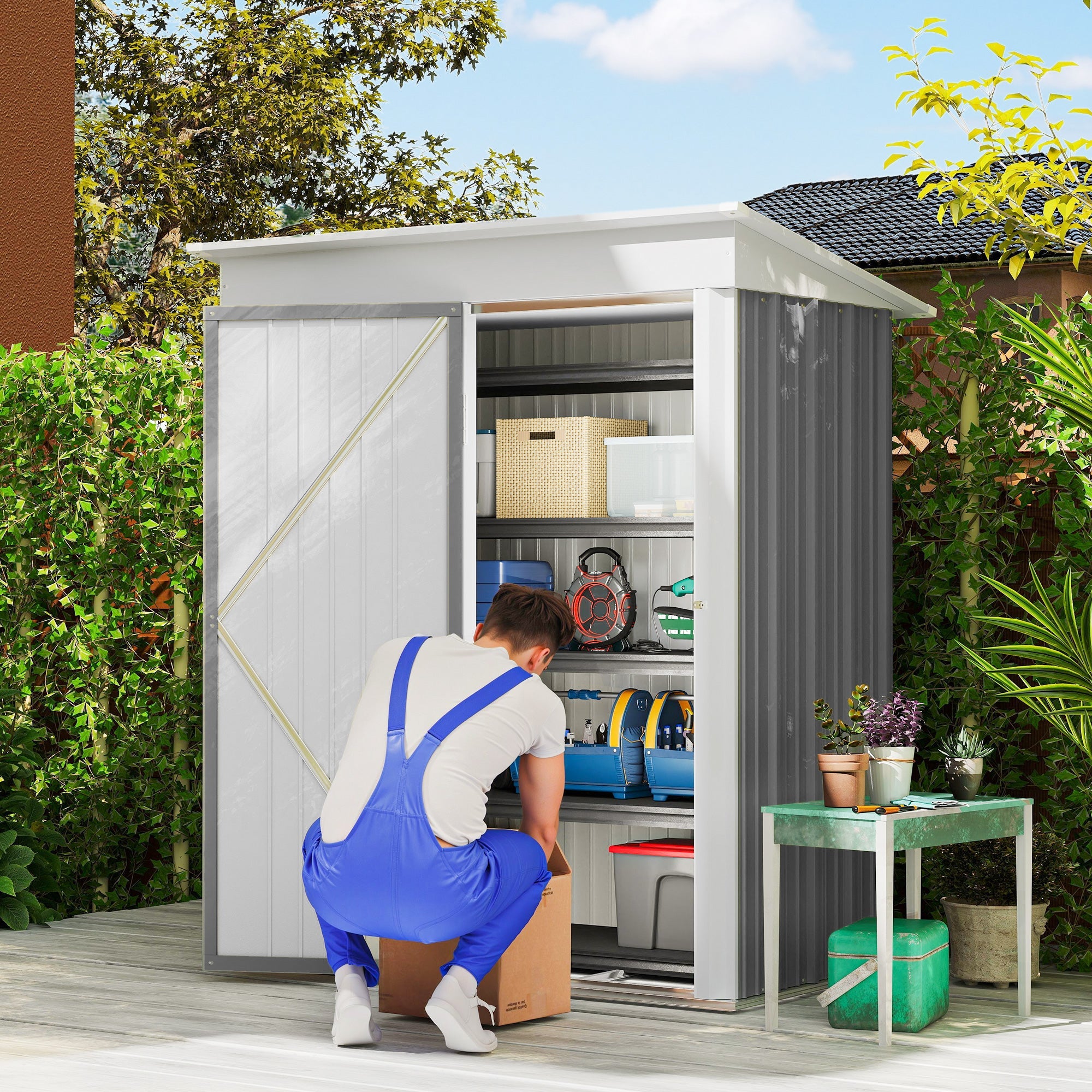 Metal Garden Shed, Outdoor Lean-to Shed for Tool Motor Bike, with Adjustable Shelf, Lock, Gloves, 5'x3'x6' Outsunny