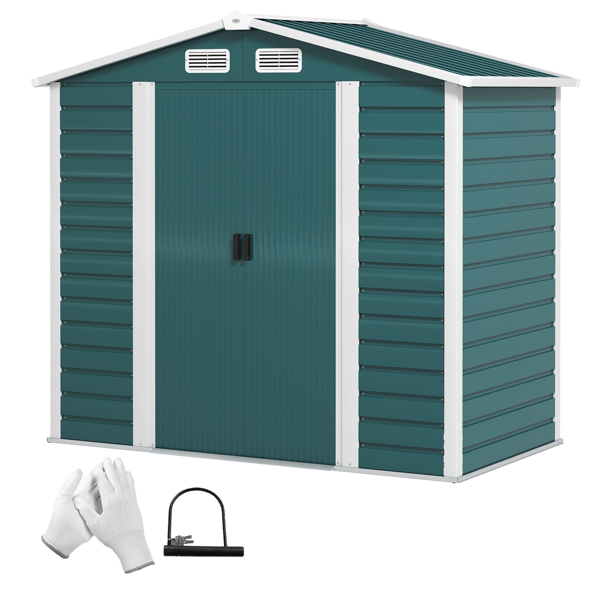 7 x 4ft Garden Shed, Easy to Assemble, Upgraded Galvanised Steel Frame with Foundation Kit, Double Doors with Lock, Outdoor Metal Shed with Vents and Gloves, Garden Storage Shed Outsunny