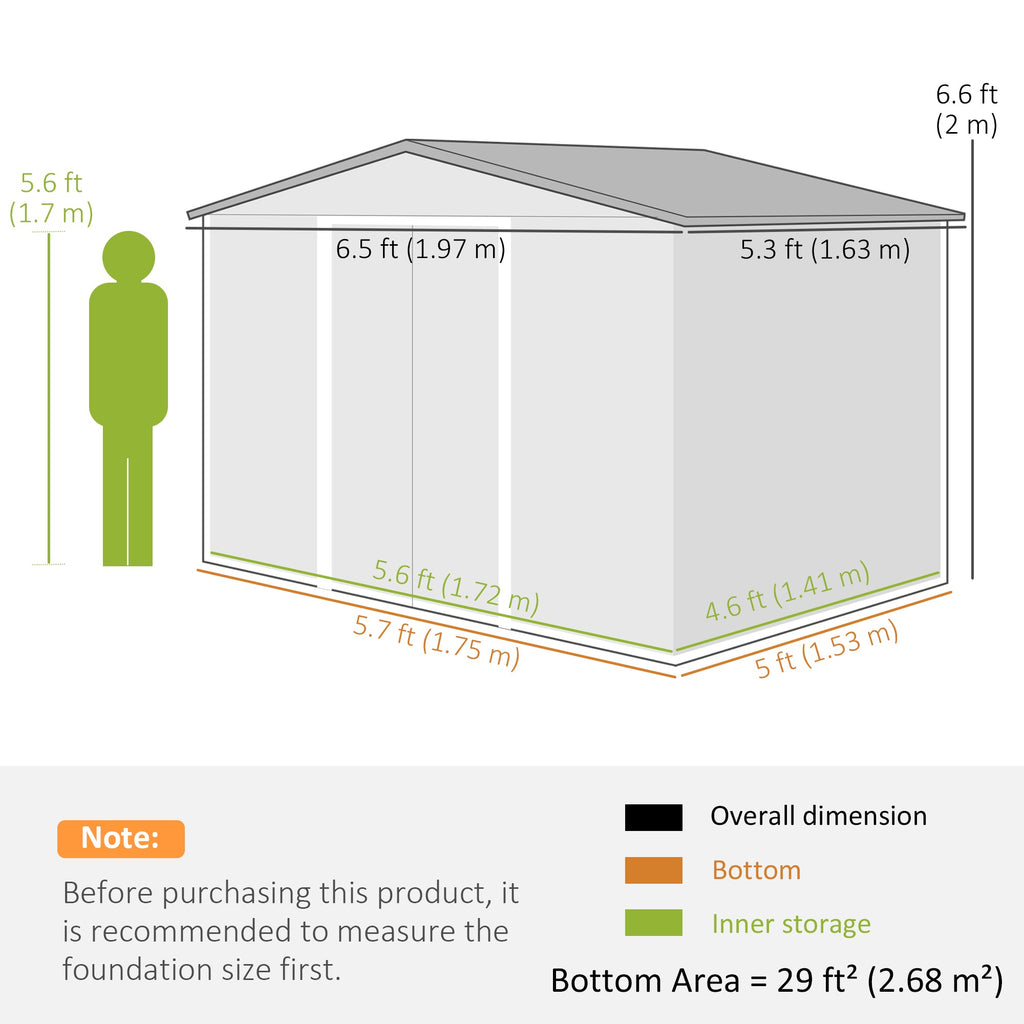 6.5 x 5ft Metal Garden Shed, House Hut Gardening Tool Storage with Ventilations, Sliding Door, Sloped Roof for Garden, Patio Outsunny